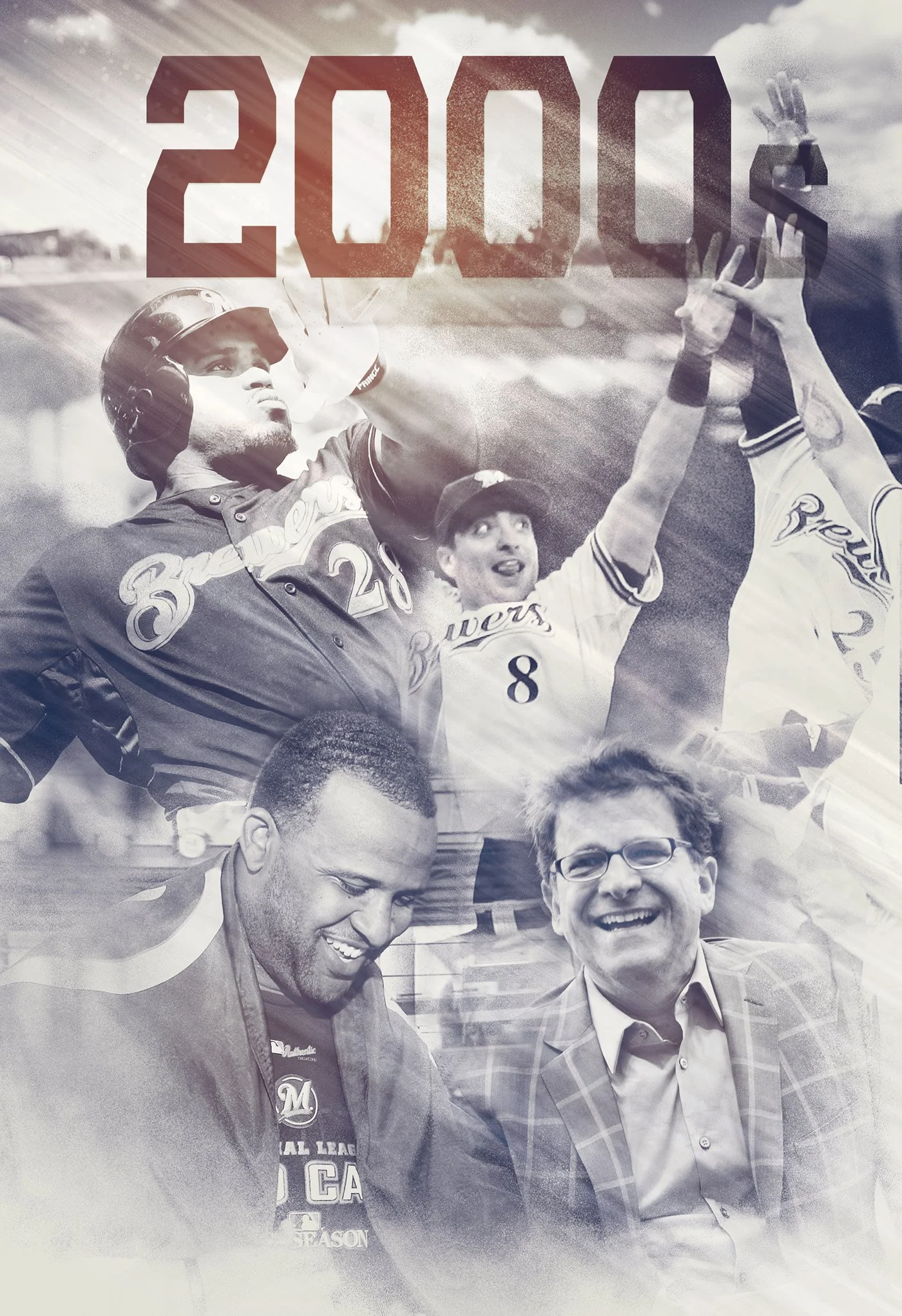 Black and white collage featuring people celebrating a victory, with the number 2000 prominently displayed at the top for the MLB Milwaukee Brewers. 