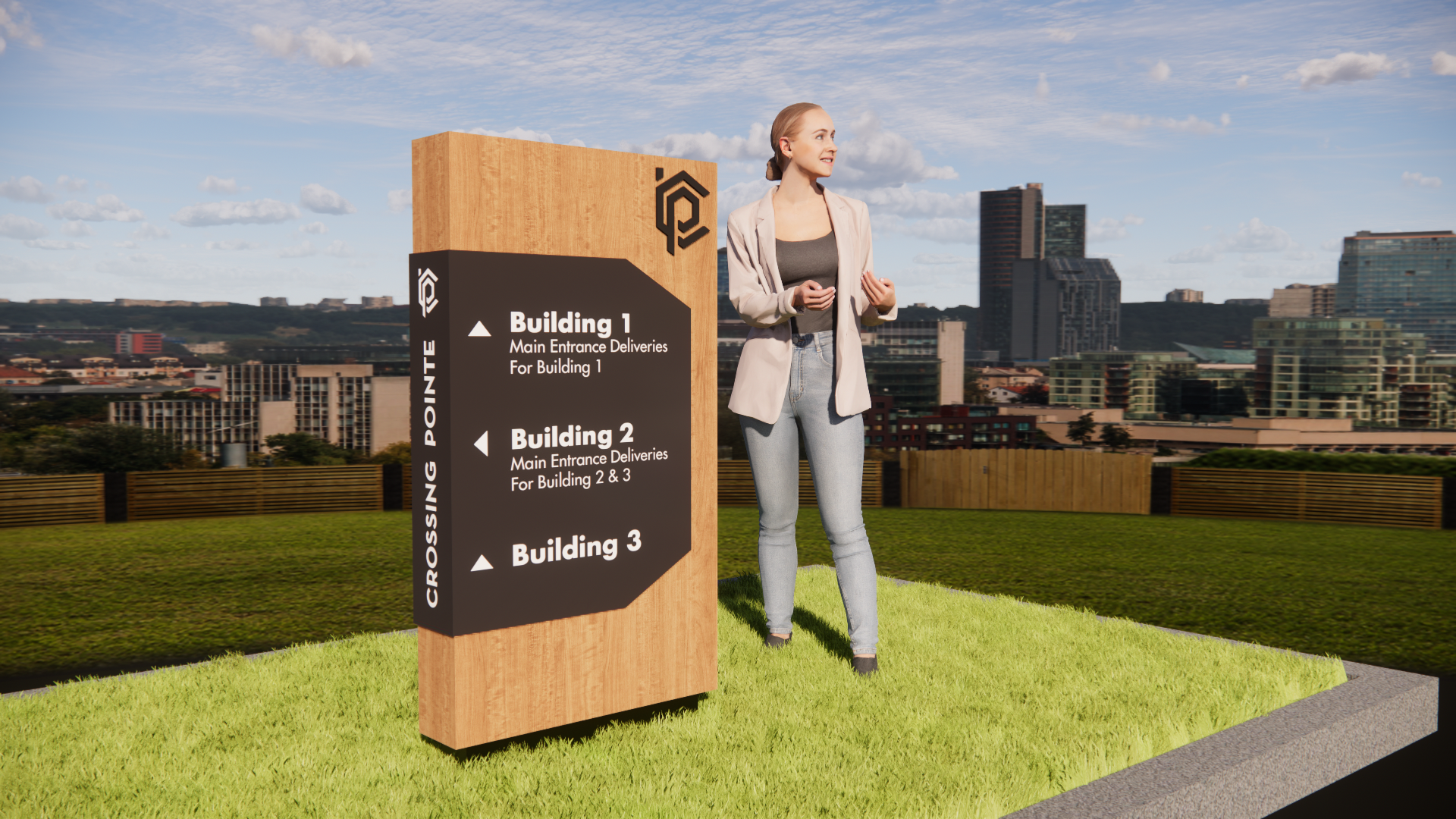 Rendering showing a woman standing near a large wooden sign with directions to three buildings, in an outdoor area with green grass and a city skyline in the background.