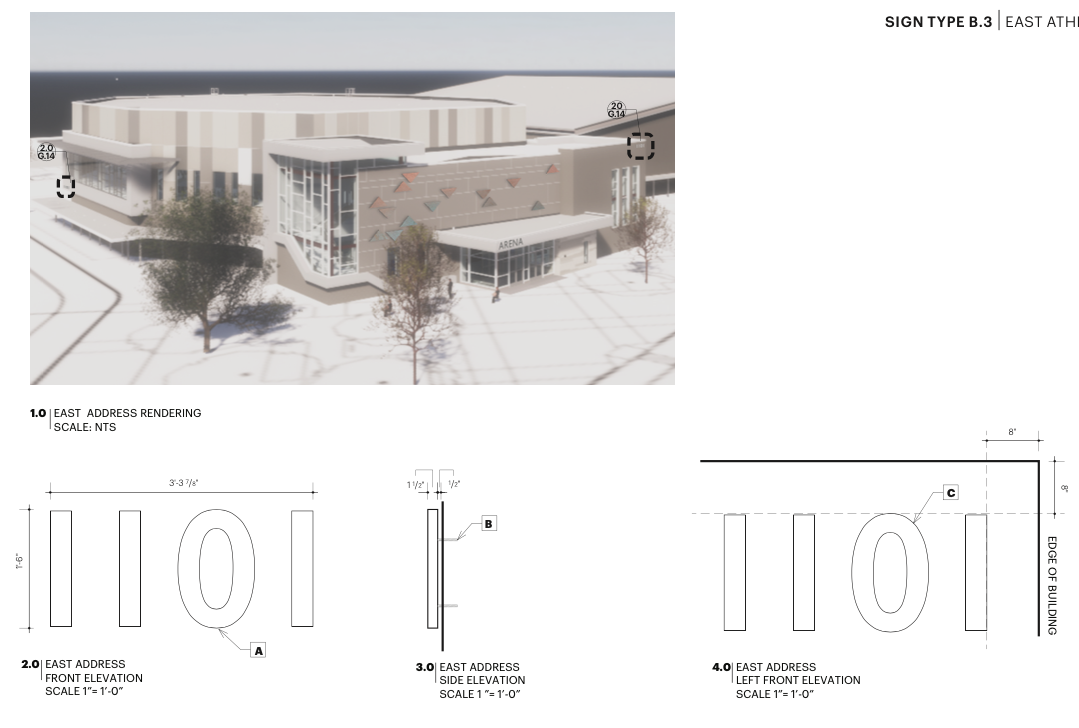 Architectural rendering and elevation drawings of a new arena building with trees and outdoor space.