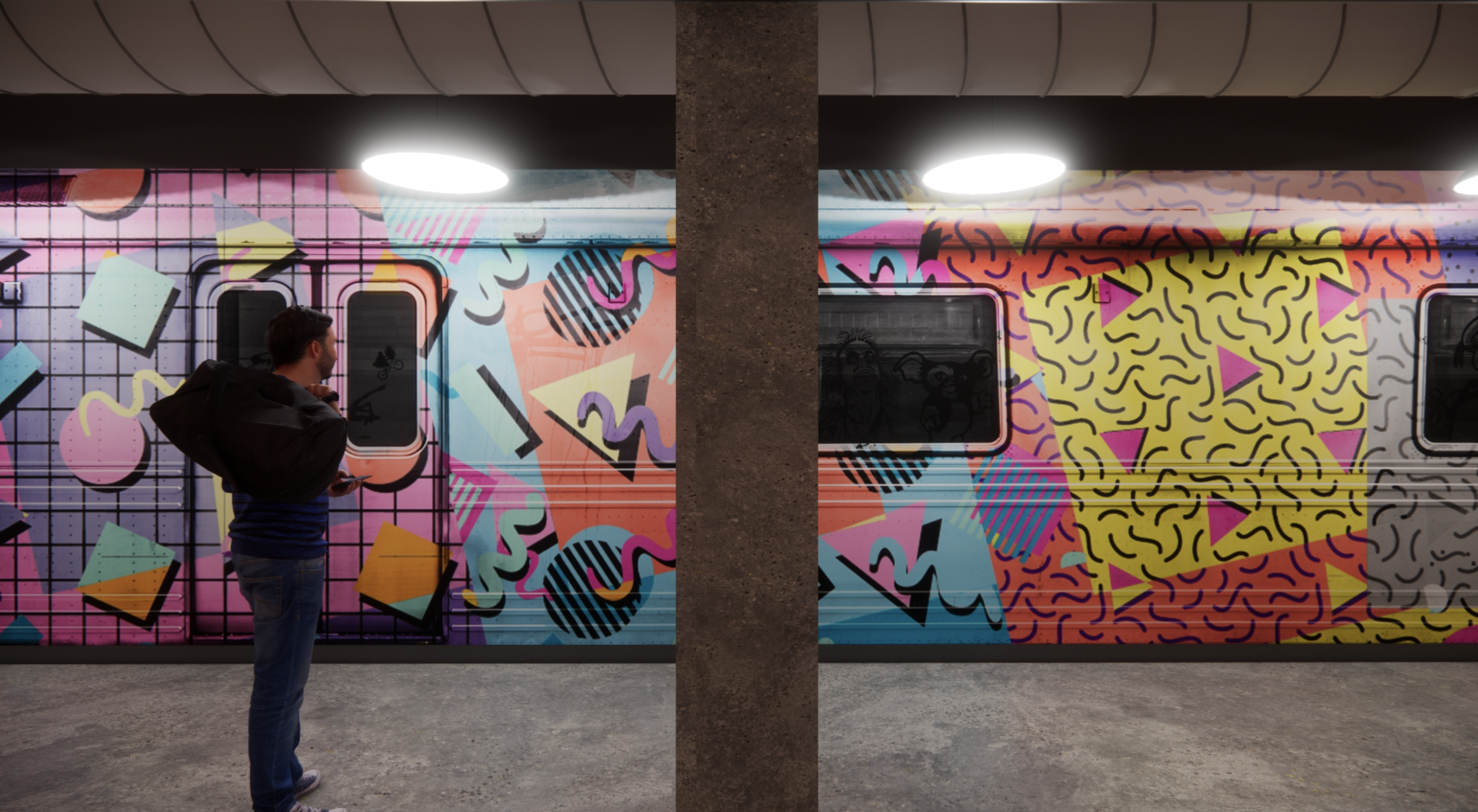 A man with a backpack standing in front of a graffiti-covered train, which features vibrant, abstract, and geometric designs in pastel colors, under fluorescent lights in an underground station.