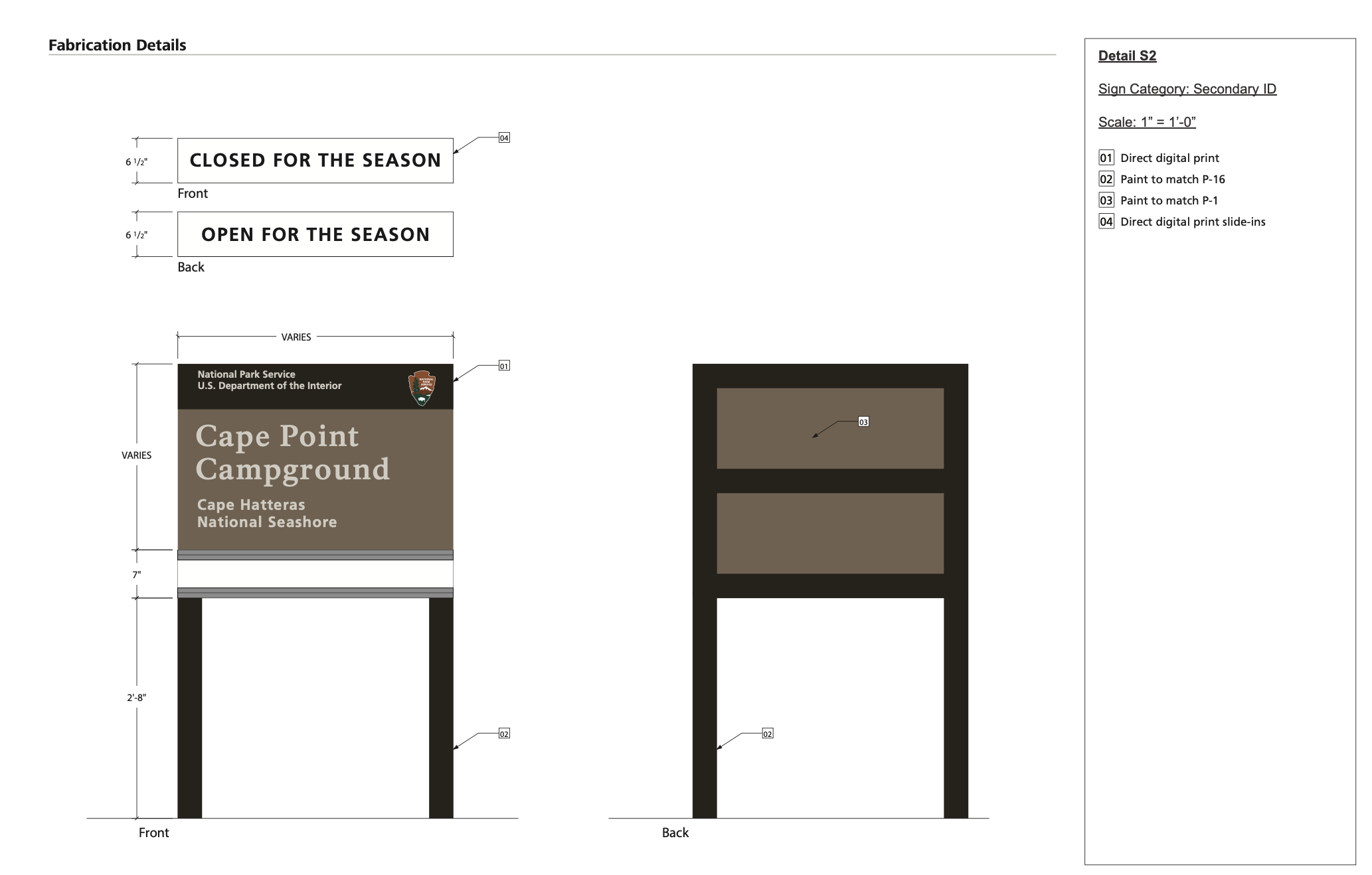construction  documents for Cape Point Campground, showing 'Closed for the Season' and 'Open for the Season' options, with specifications for digital print and paint matches, and inclusion of the National Park Service logo.