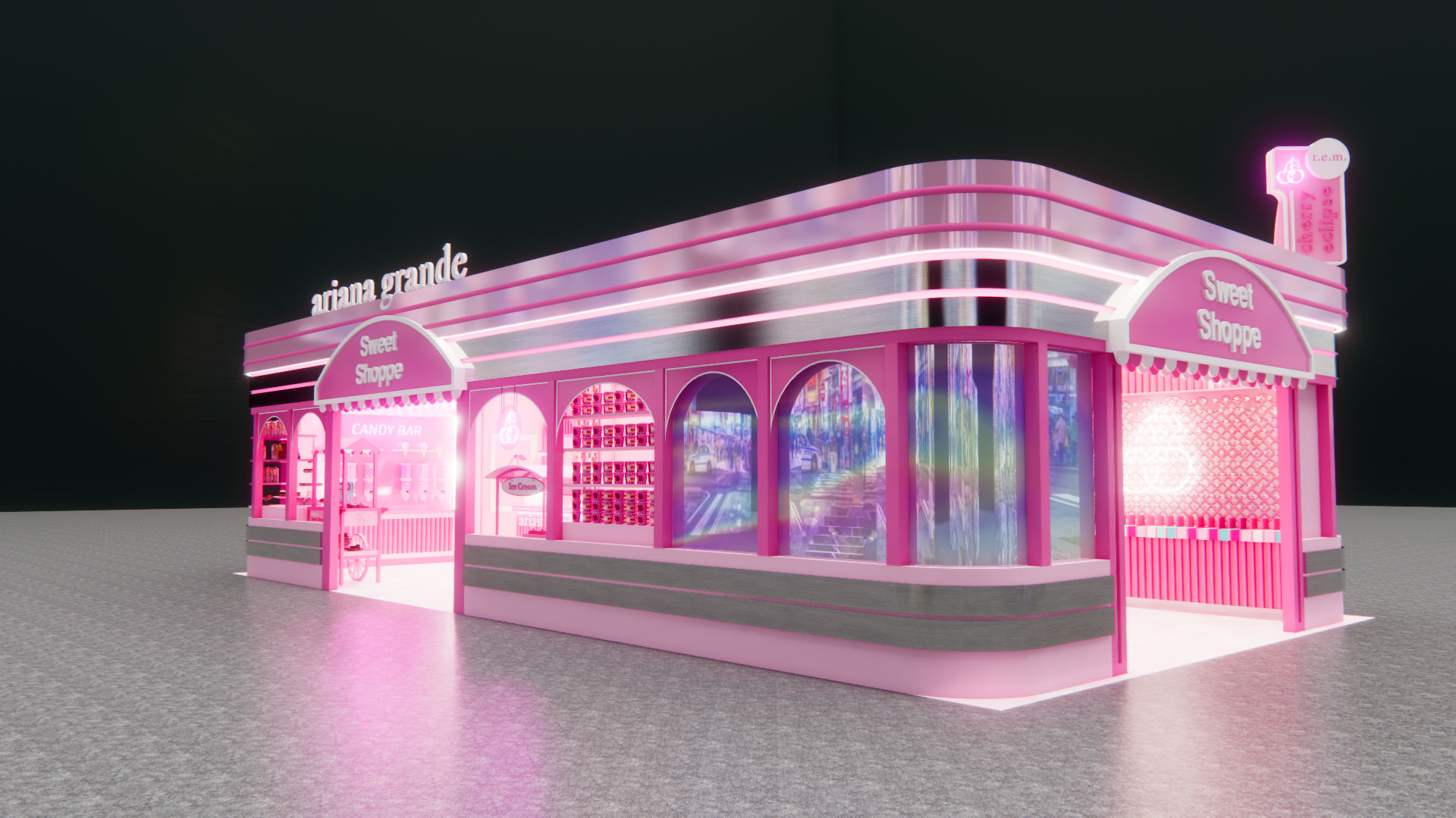 A pink-themed bakery storefront for Ariana Grandes brand activation for Ulta's expo named 'Sweet Shoppe' with neon signs, display windows, and a candy bar.