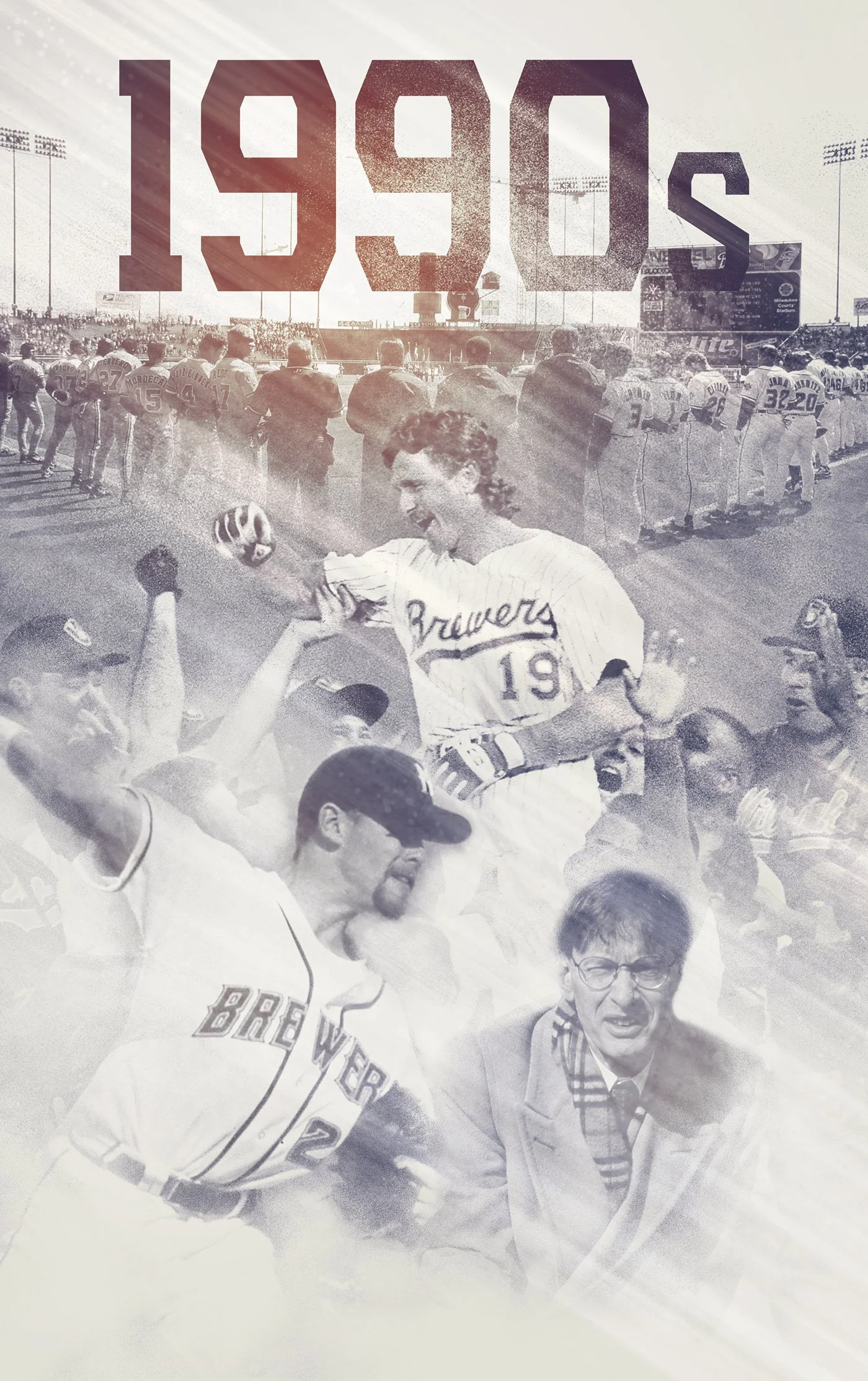 A collage of vintage sports images with the text '1990s' superimposed at the top for the MLB Milwaukee Brewers Spring Training facility.