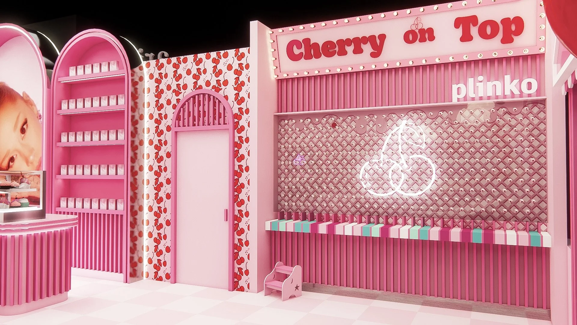 Pink and white candy shop with cherry theme, showing shelves with pink and white boxes, a large photo of a girl, and a cherry logo neon sign that says 'Cherry on Top' with the brand name 'plinko.'