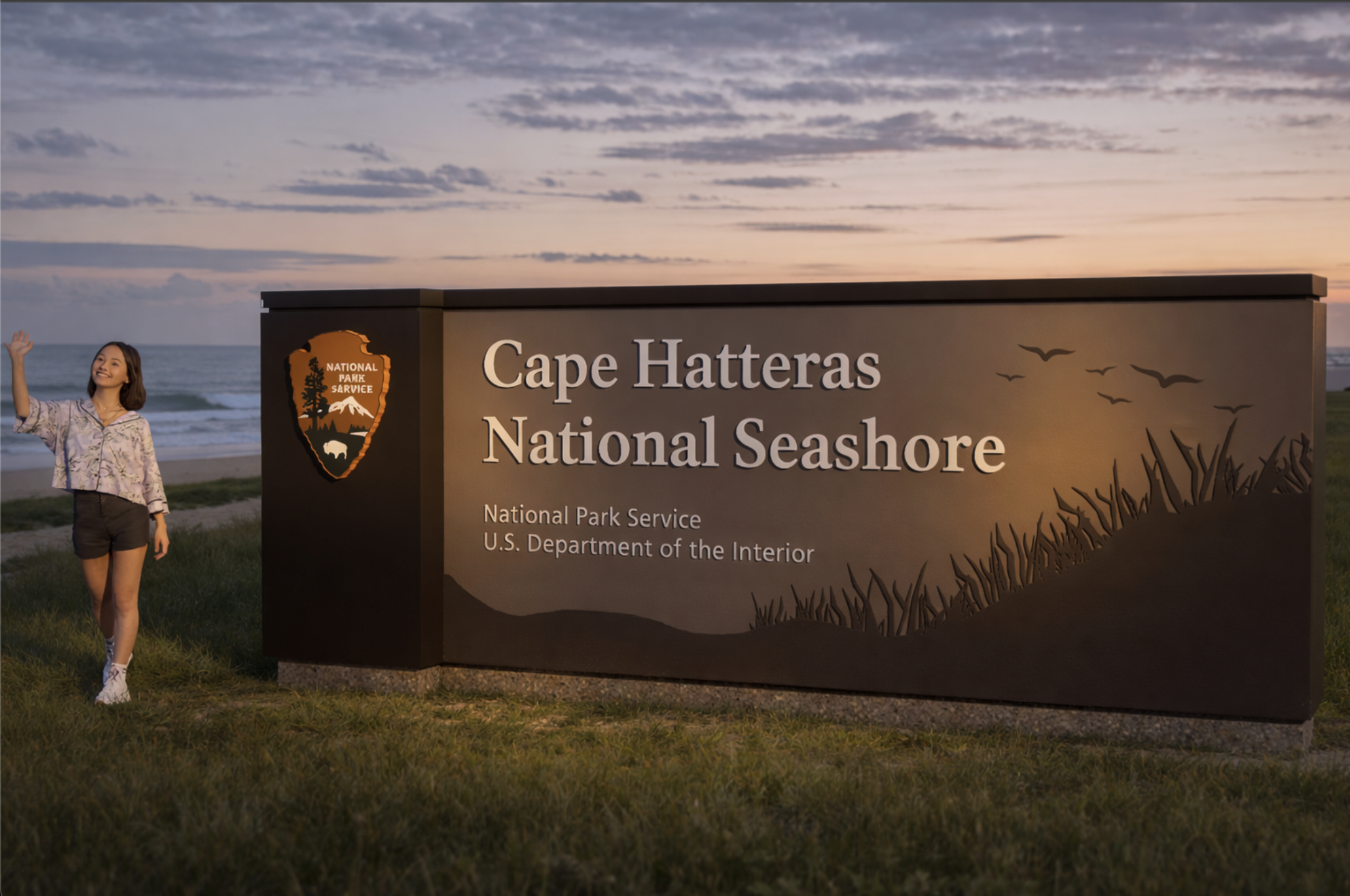 A girl waving beside a gate way sign for Cape Hatteras National Seashore, with the ocean and a sunset sky in the background.