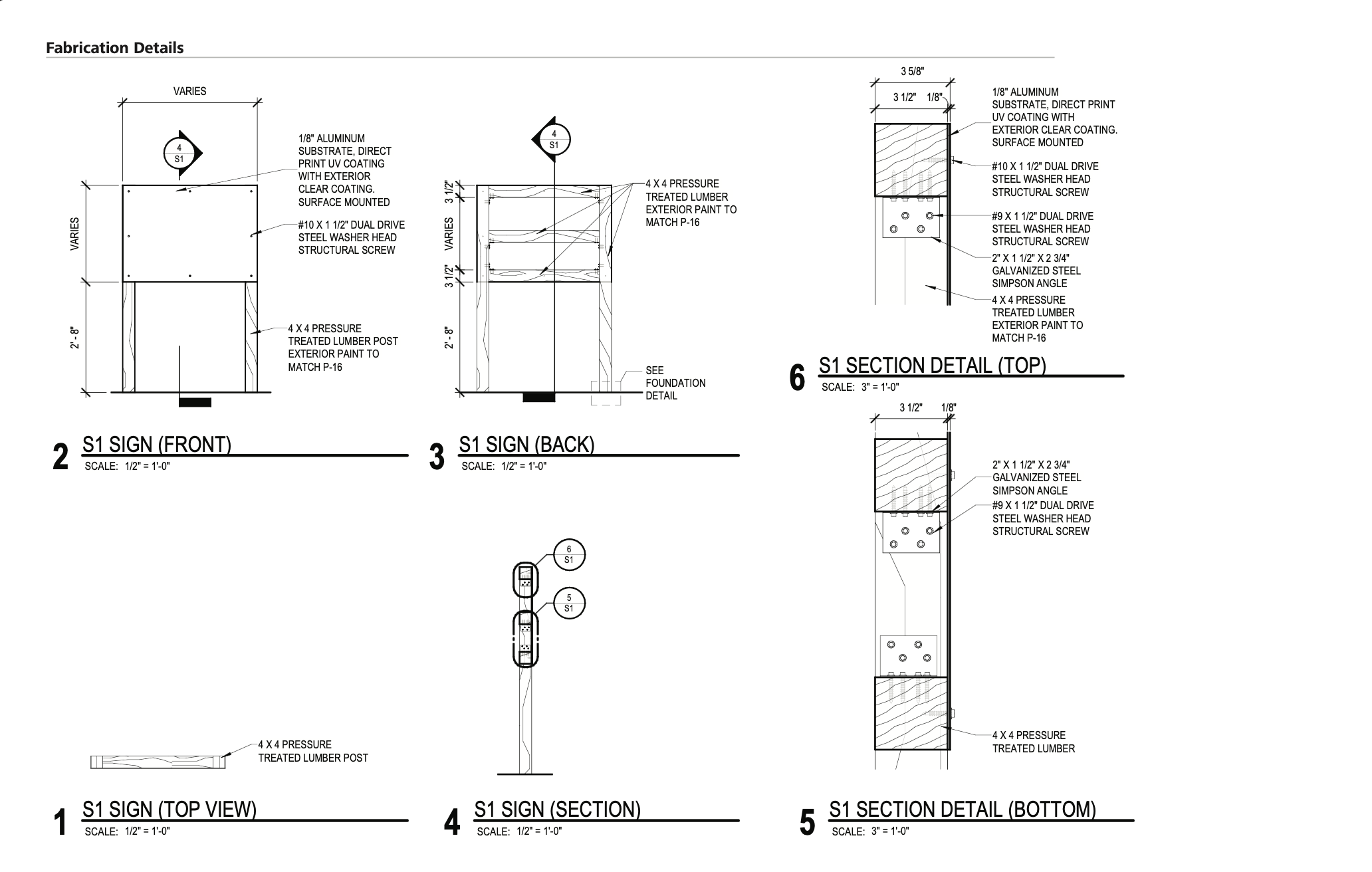 Technical architectural drawing of a sign and its construction details, including front, back, section views, and material specifications.