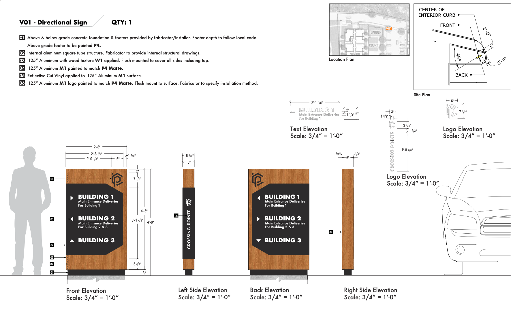 Detailed architectural plan for a directional sign featuring main and secondary building directions, with front, back, left, and right side elevations. Includes measurements, materials, finishes, and installation instructions; also contains a locatio