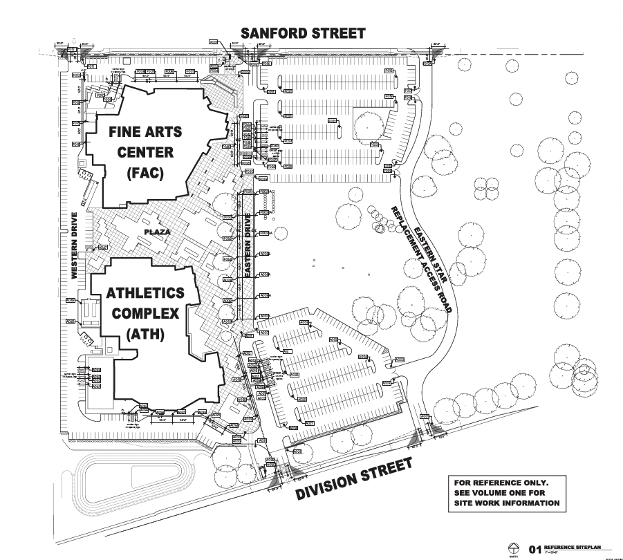 Site plan drawing of a campus with buildings labeled Fine Arts Center (FAC) and Athletics Complex (ATH), along with nearby streets Sanford Street and Division Street, parking areas, driveways, trees, and landscape features.
