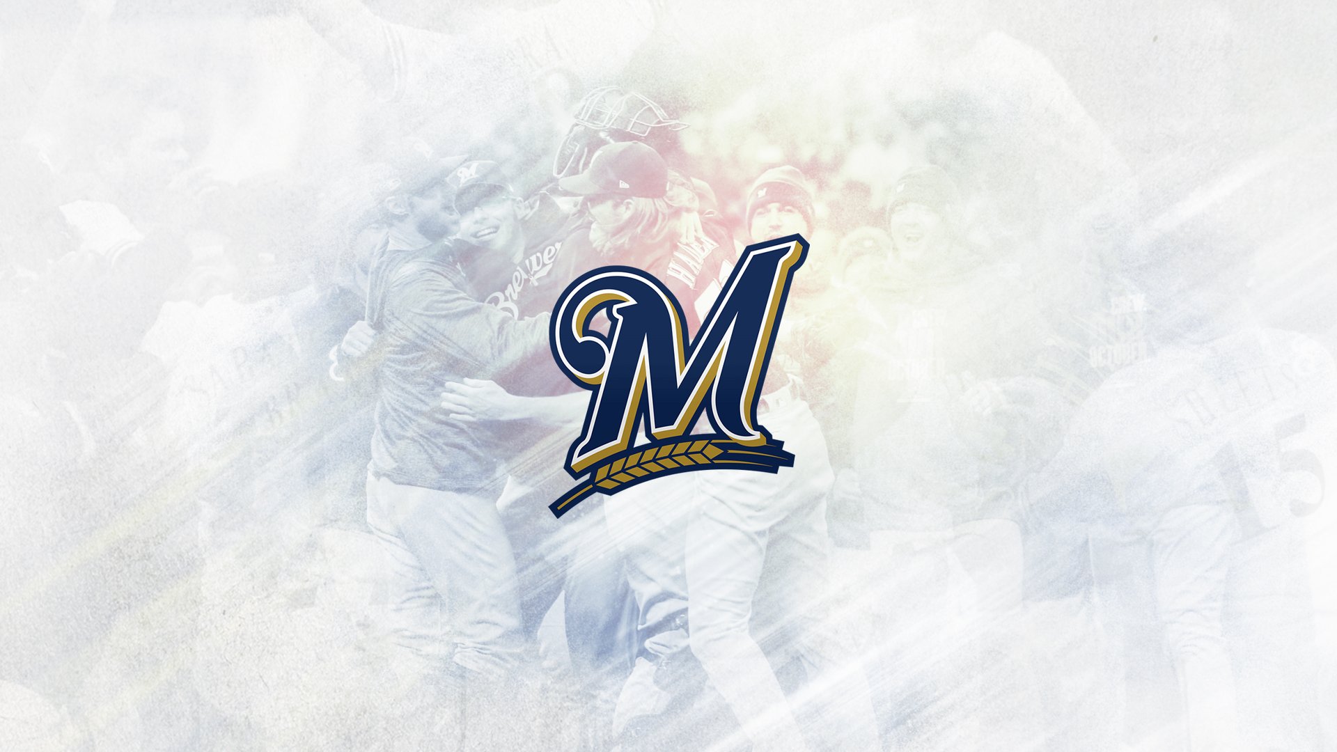 Milwaukee Brewers logo with a background of a baseball team celebrating.