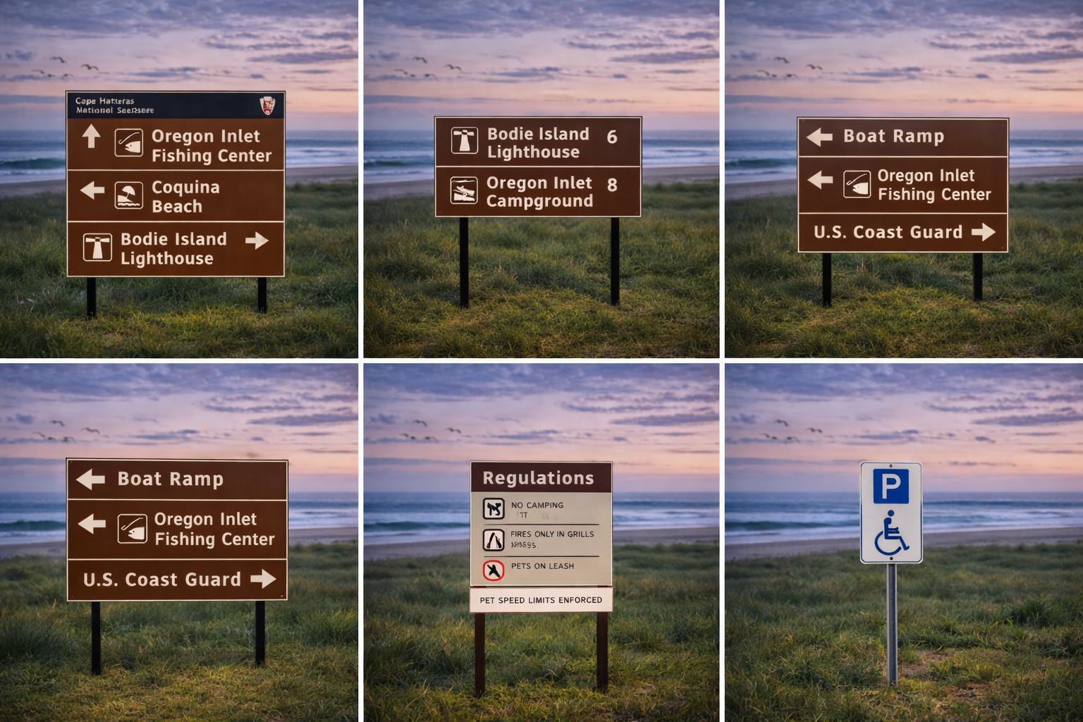 Six signs on grassy area near the beach at sunset with clouds and birds in the sky. Top row: First sign points straight for Oregon Inlet Fishing Center, left for Coquina Beach, right for Bodie Island Lighthouse; second sign points to Bodie Island Lig