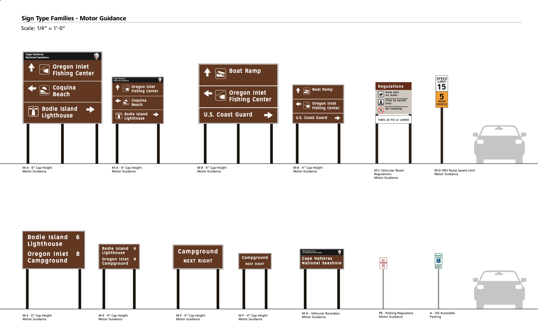 Series of wayfing directional signs at Cape Hatteras National Seashore providing motor guidance for Oregon Inlet Fishing Center, Bodie Island Lighthouse, campground, boat ramps, U.S. Coast Guard, regulations, speed limit, and parking. 