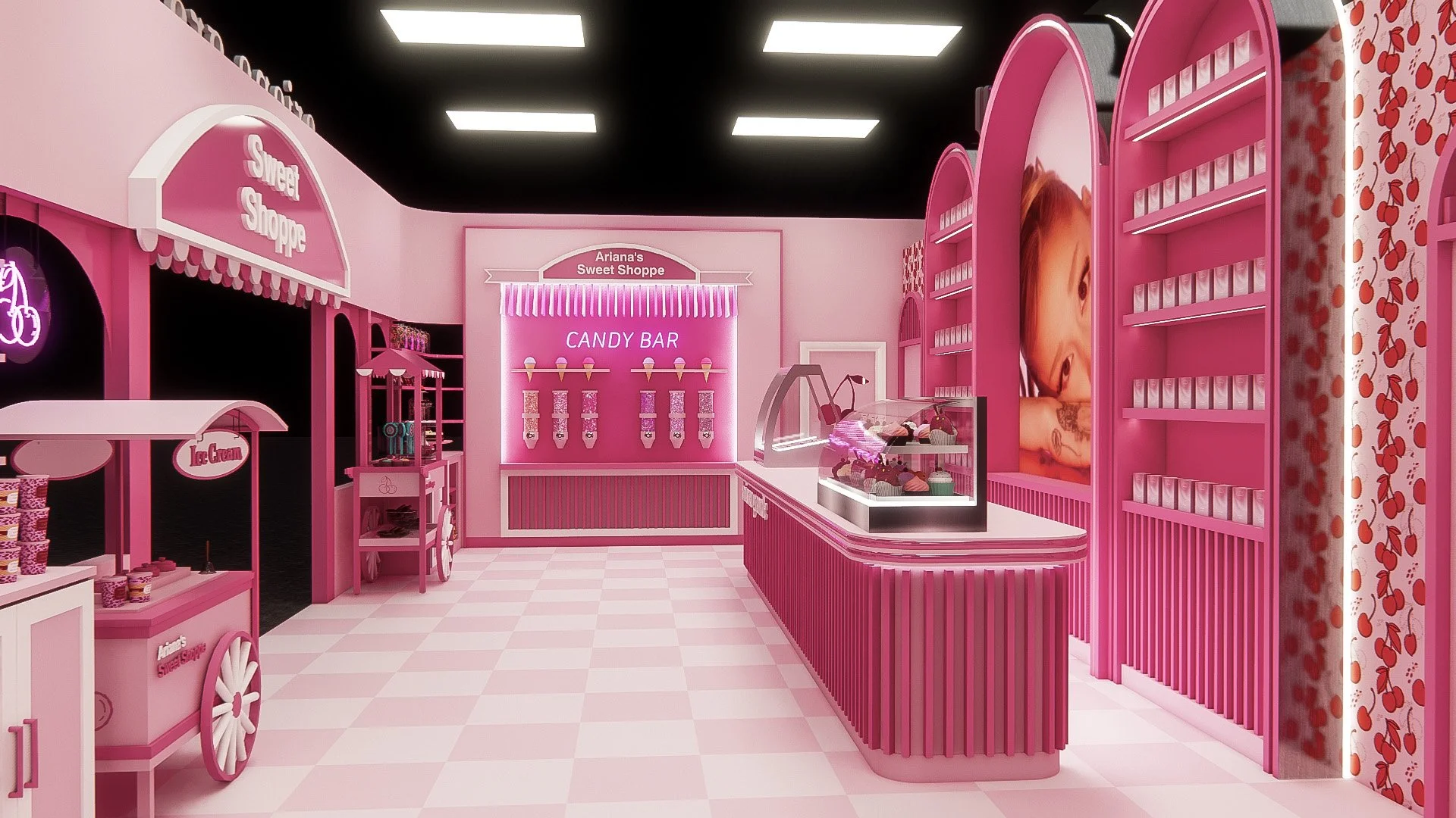 Interior of a pink-themed candy shop with a candy bar, ice cream stand, and shelves of candies and treats, featuring bright lighting and a large photo of a girl on the wall.