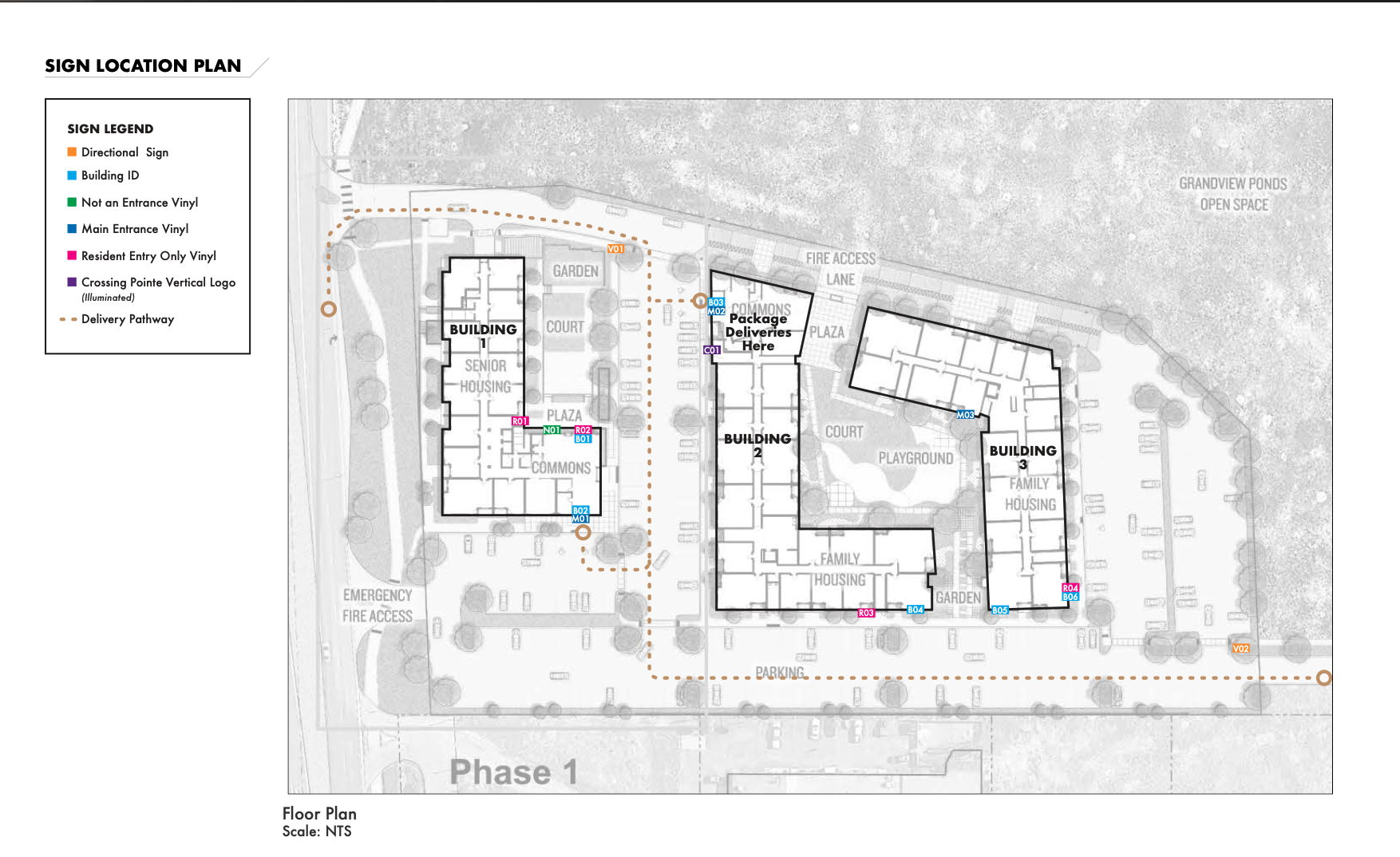 A site map of a building complex showing three buildings labeled Building 1, Building 2, and Building 3, along with parking areas, pathways, playgrounds, gardens, and labeled entrances. It includes a legend with color codes for different types of sig