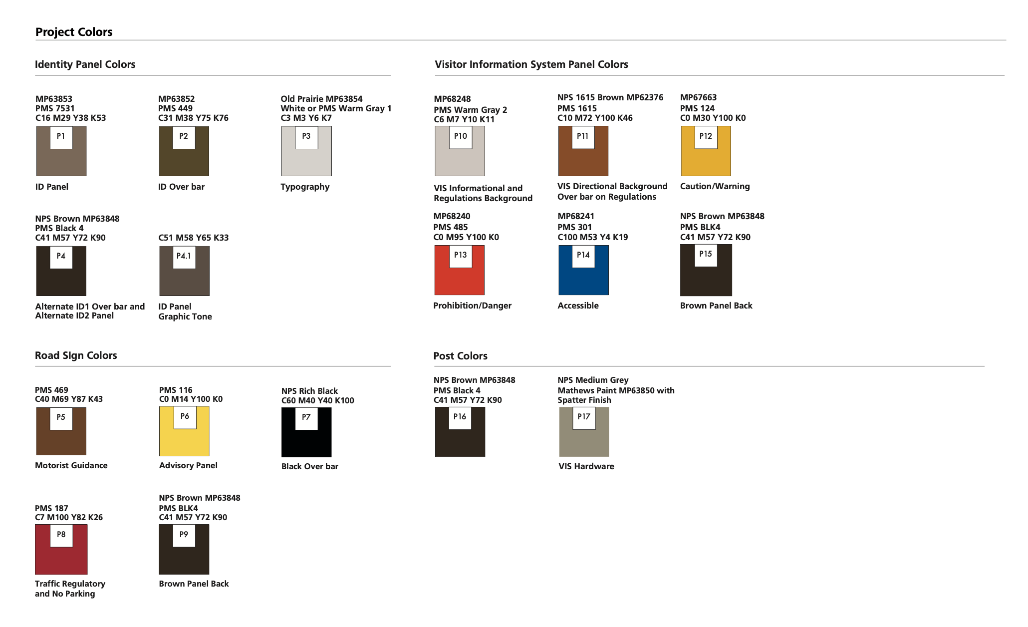 Color palette chart with sections labeled Project Colors, Identity Panel Colors, Visitor Information System Panel Colors, Road Sign Colors, Post Colors. Each section displays color swatches with color codes and descriptive labels such as ID Panel, Ty