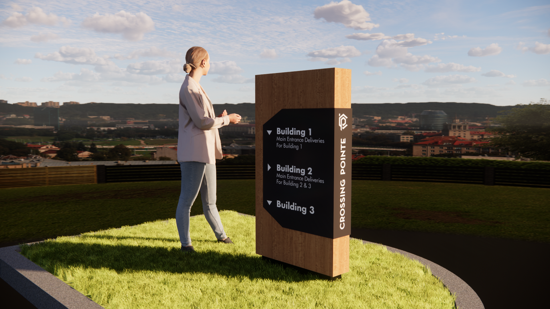 Rendering showing a woman stands on a grassy area near a large wooden sign with directional information for buildings. The background features a cityscape with buildings, trees, and a partly cloudy sky.