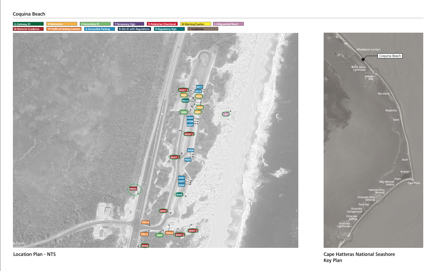 Site plan map of Cape Hatteras National Seashore showing locations, landmarks, and parking areas along the coast with labels for key sites and navigation signs.
