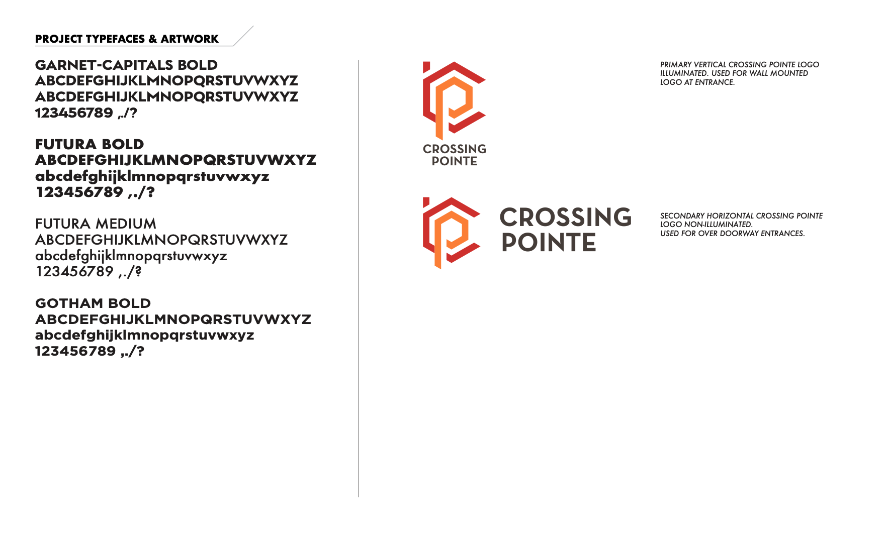 Design board showcasing project typefaces including Garnet-Capitals Bold, Futura Bold, Futura Medium, Gotham Bold, along with sample alphabet and numerals. Two logo variations for 'Crossing Pointe' with descriptions.