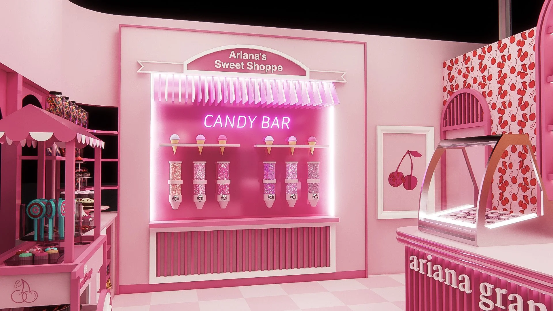 Interior of a pink-themed candy store with a sign that reads 'Ariana's Sweet Shoppe'. There are candy dispensers with colorful sprinkles and ice cream cone decorations, a display with cupcakes, and a pink cherry-patterned wall.