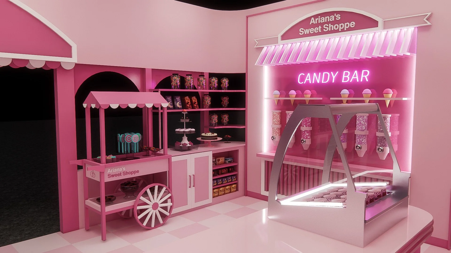 Pink-themed candy shop with a candy cart, shelves of candy bags, a cake stand with desserts, and a neon sign that says 'Candy Bar', all part of 'Ariana's Sweet Shoppe'