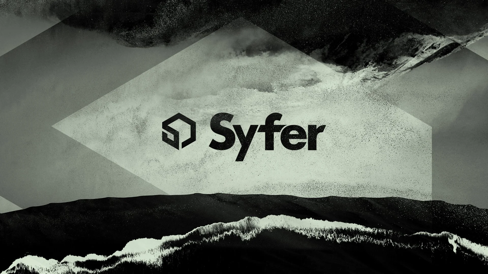 Abstract black and white digital artwork with the Syfer logo and text in the center, featuring mountains and clouds in the background.