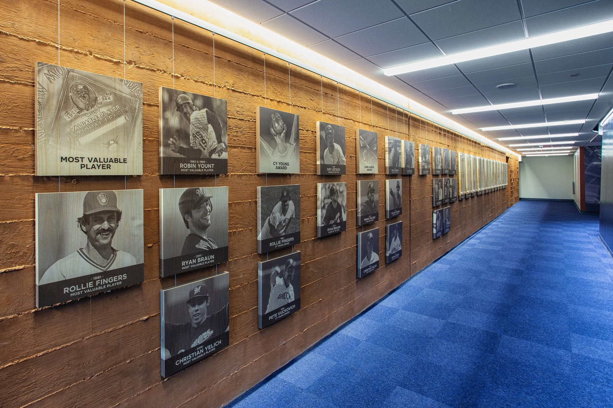 A long hallway with a museum quality wooden wall displaying framed black and white photographs and plaques of baseball players and awards, with a blue carpet and a ceiling with bright linear LED lights.