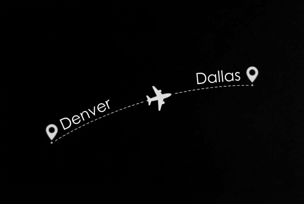 Black background with white airport navigation graphic showing flight path from Denver to Dallas with a plane icon in between.