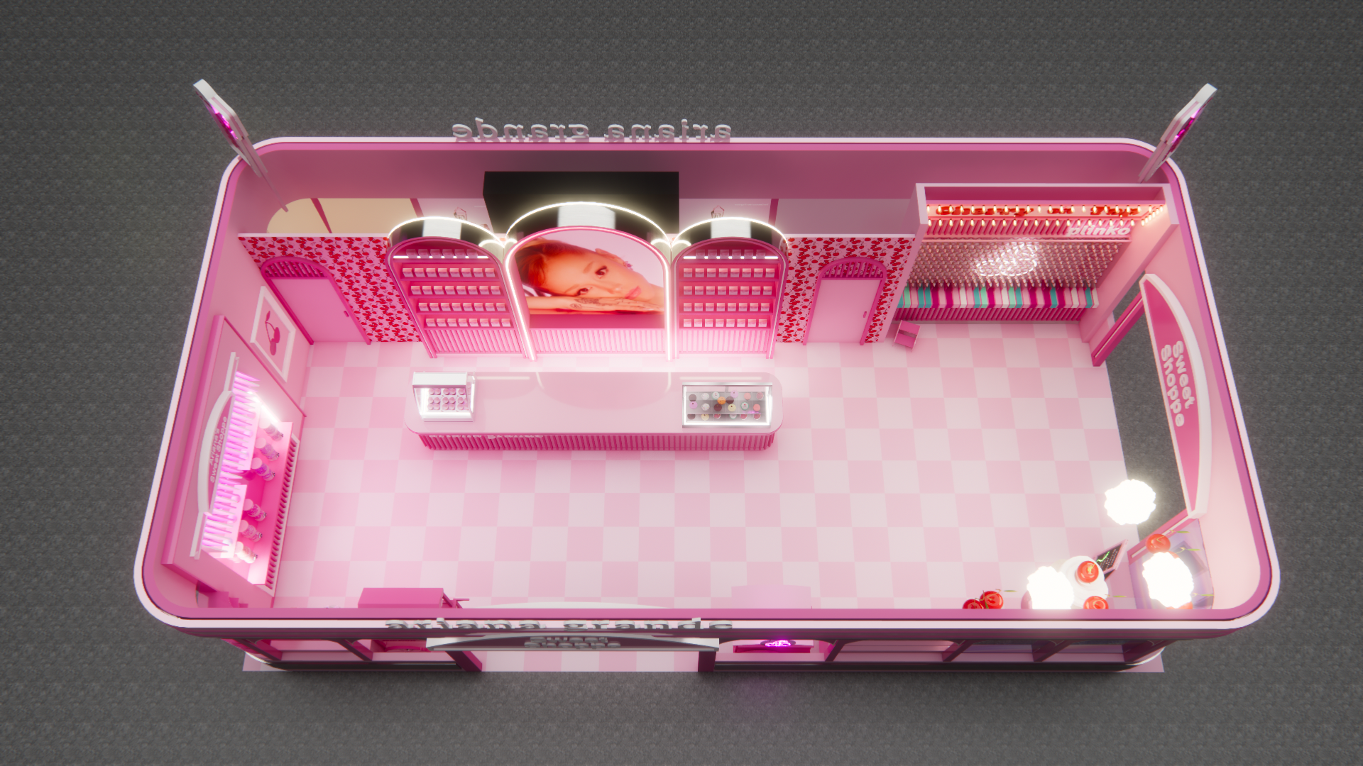 A birds eye view of a beauty salon store display with various beauty products and a large photo of Ariana Grandes face on the back wall, featuring checkered pink and white flooring and bright lighting.