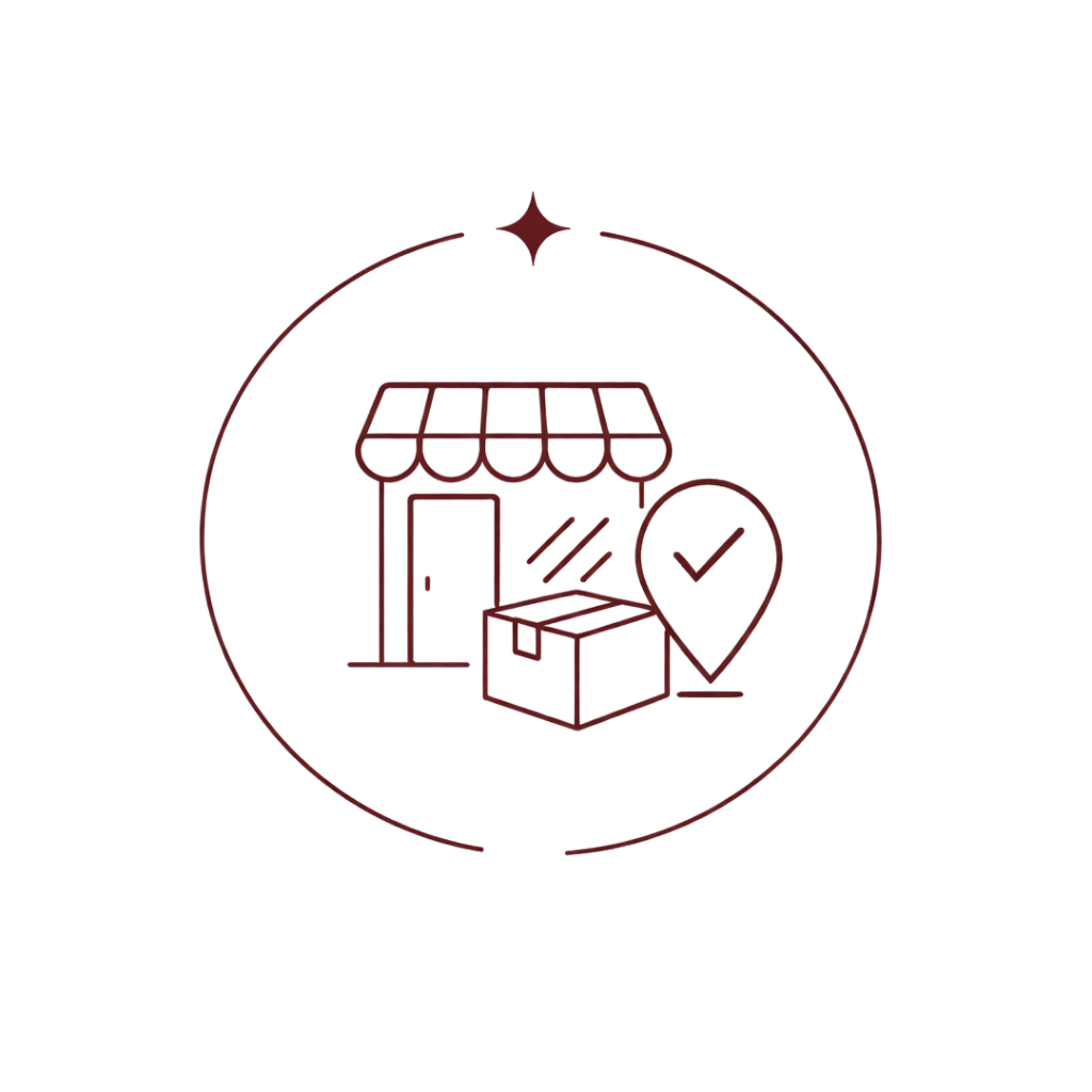 Digitale afbeelding van een supermarkt met een locatiepin en een vinkje.