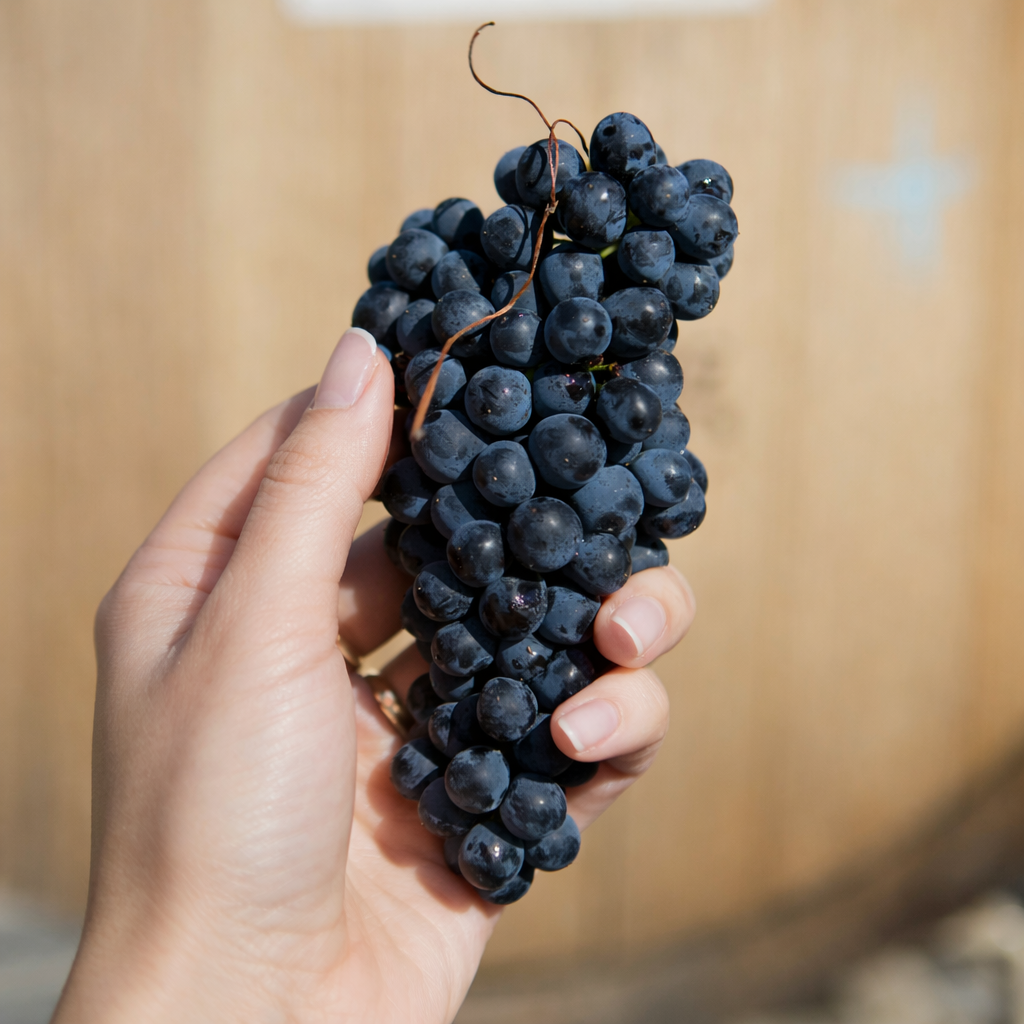 Hand die een tros blauwe druiven vasthoudt.