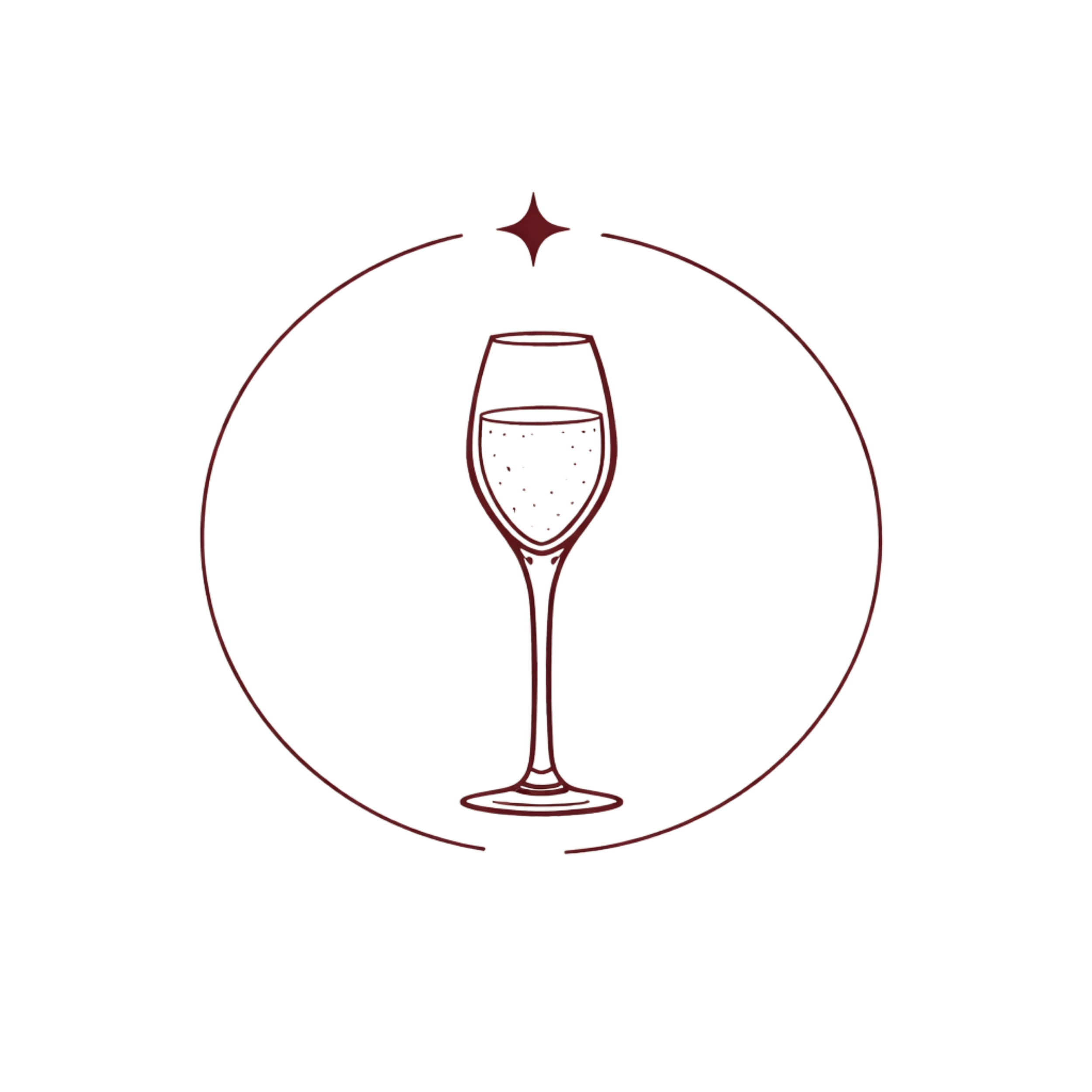 Een glas champagne of wijn op een bordje, met een rode cirkel en sterretje erboven