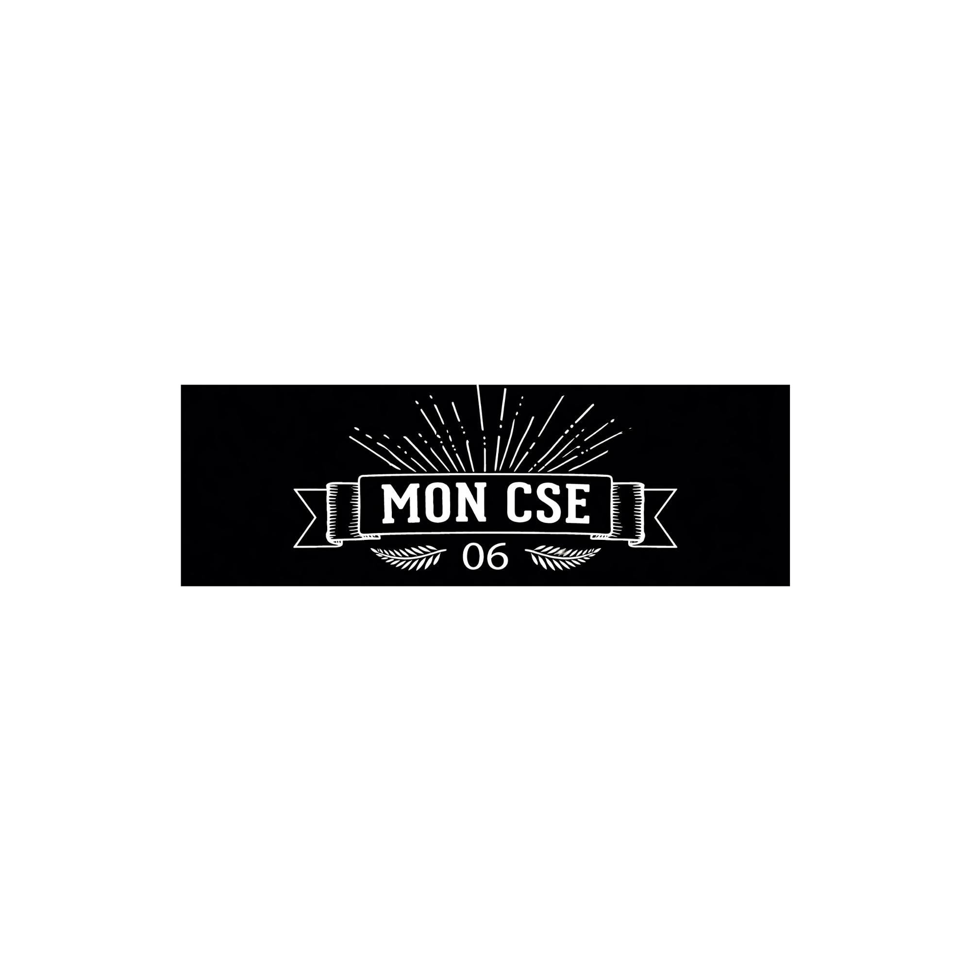 Logo décoratif en noir et blanc avec la mention 'MON CSE' et le chiffre '06', entouré de motifs de feuilles, de rayons et d'une bannière.
