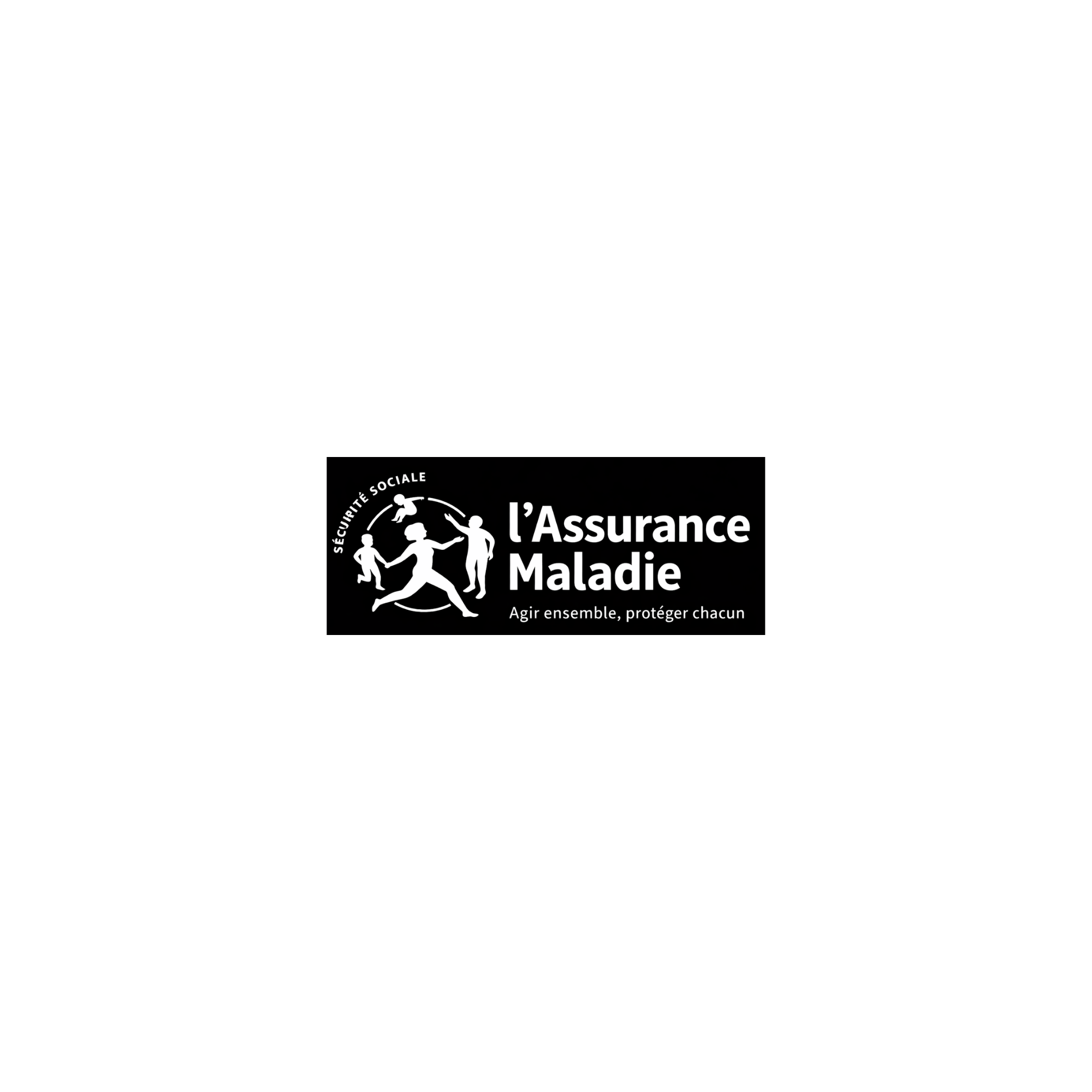 Logo blanc sur fond noir de l'assurance maladie, représentant des silhouettes de personnes et un enfant avec le texte "Sécurité Sociale, l'Assurance Maladie, Agir ensemble, protéger chacun".