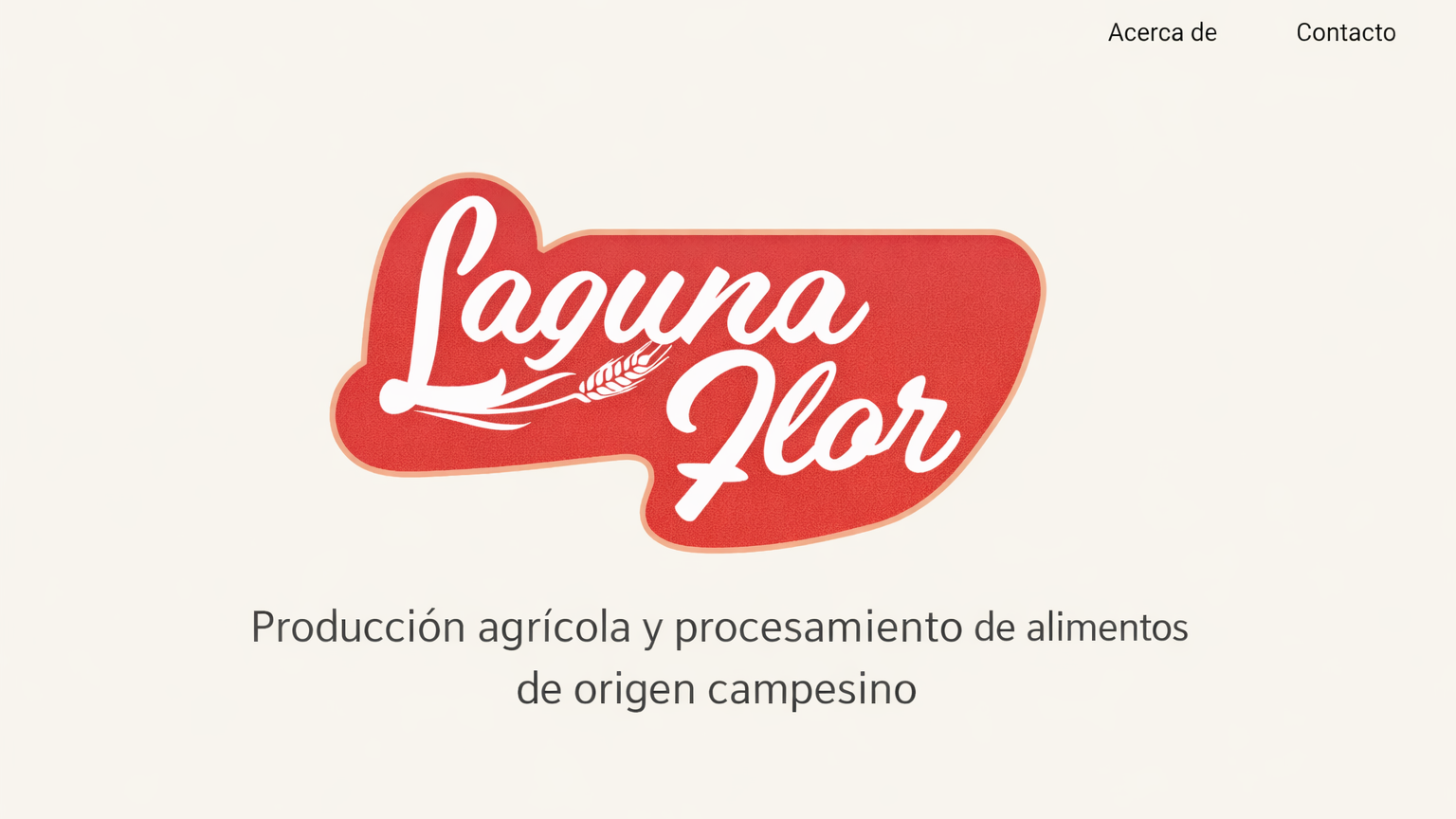 Logo en rojo que dice 'Laguna Flor' con un grano de trigo y texto que indica producción agrícola y procesamiento de alimentos de origen campesino.
