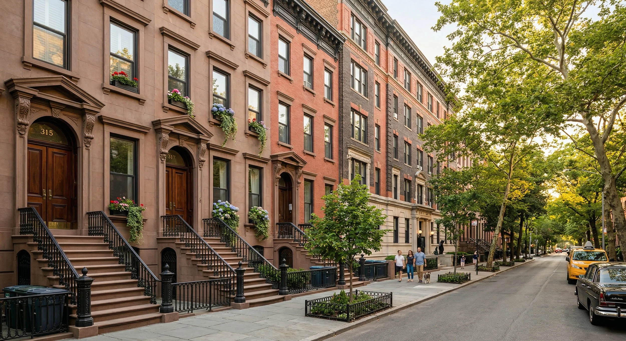 Row of Manhattan brownstone residential buildings managed by Franco Management Enterprises