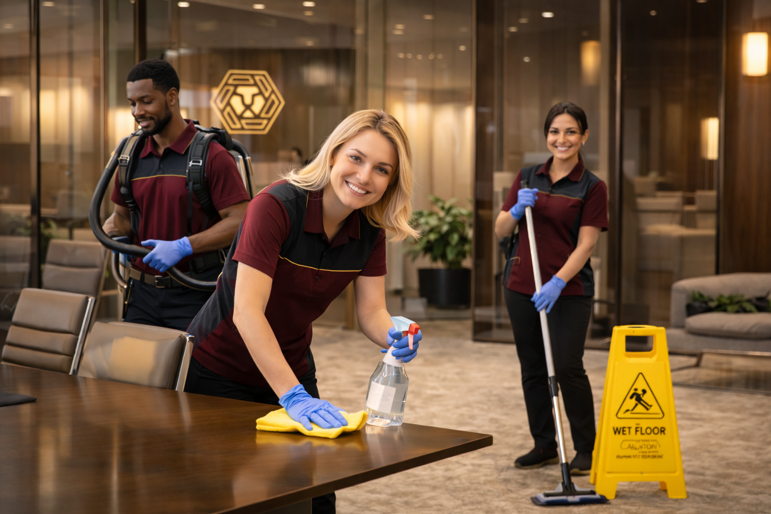 Three cleaning staff members, two women and one man, wearing uniforms with maroon shirts and black pants, cleaning an office reception area. The woman in the foreground is smiling and wiping the table with a yellow cloth, holding a spray bottle and wearing blue gloves. The woman in the background is standing next to a wet floor sign with a mop, and the man is carrying a vacuum cleaner backpack, also wearing blue gloves.