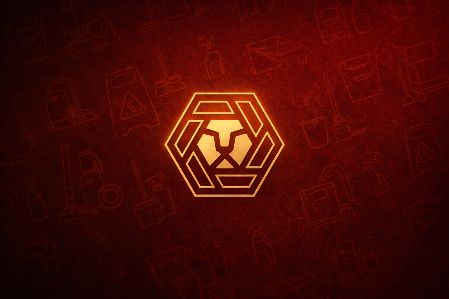 A glowing lion head emblem inside a hexagon, set against a dark red background with faint outlines of cleaning and maintenance tools.