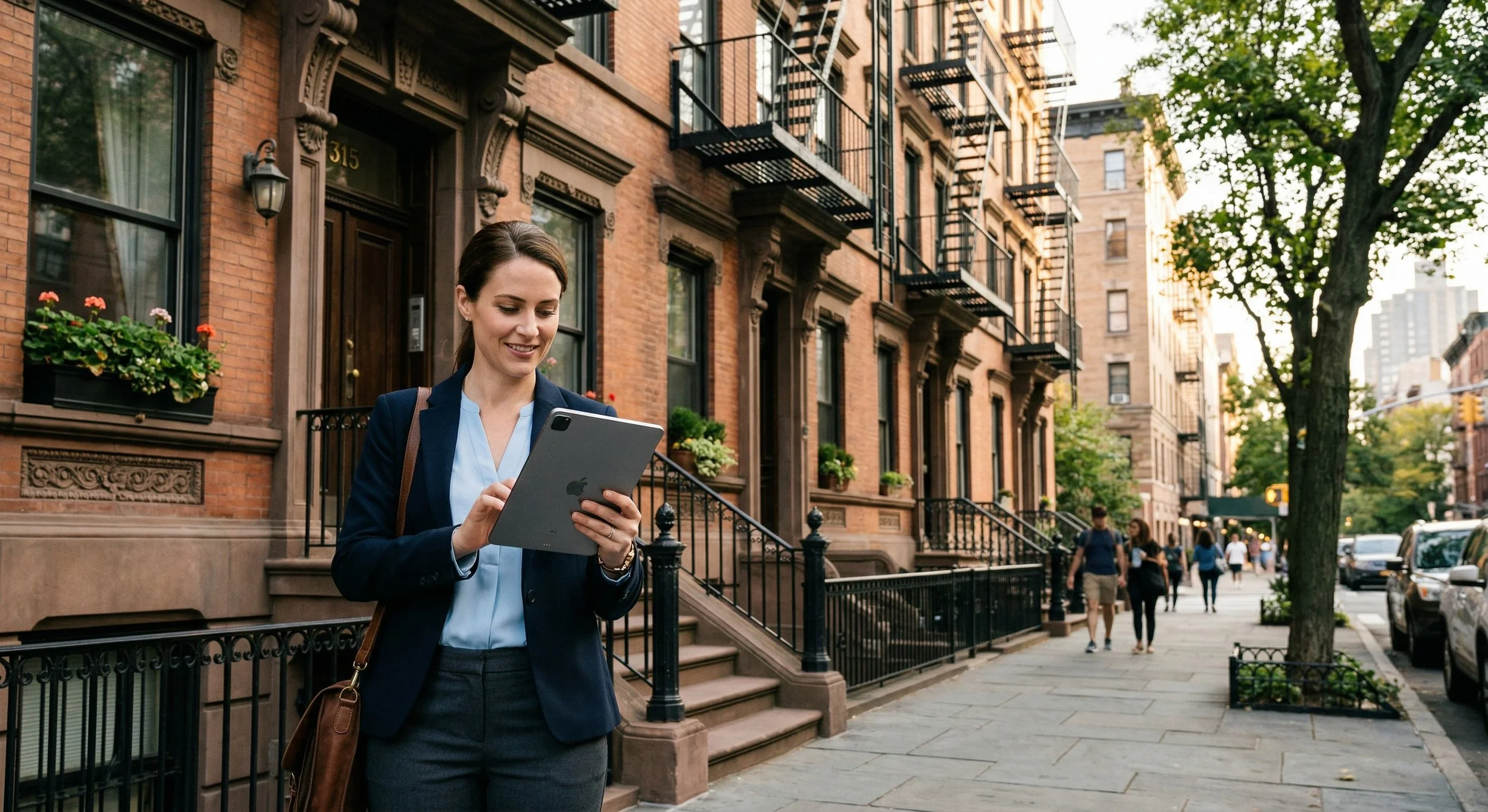 Property manager reviewing building compliance documents on a tablet outside a Manhattan brownstone