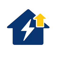 A blue house icon with a black lightning bolt inside and a yellow upward arrow on the roof.