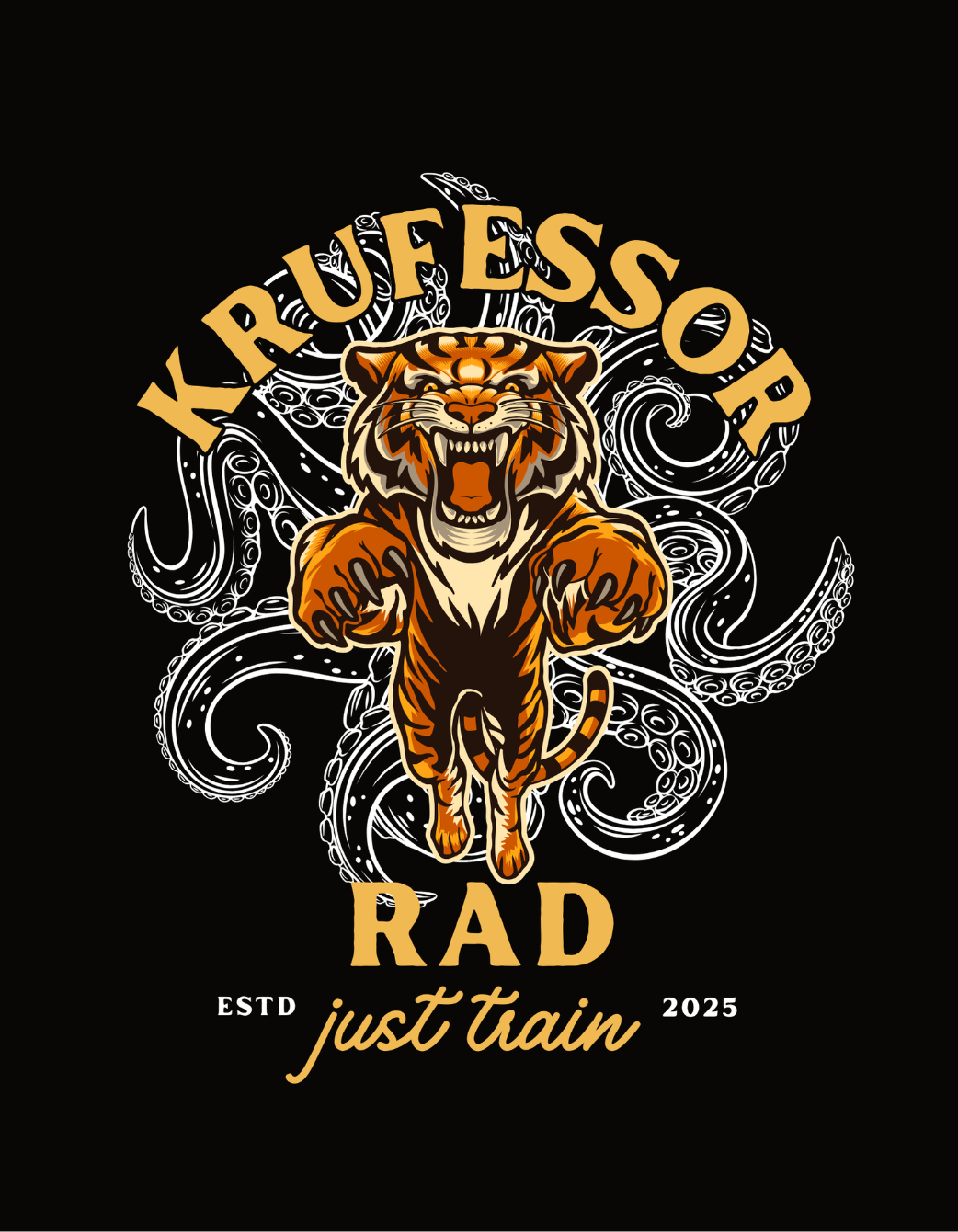 A graphic logo featuring an aggressive tiger leaping forward with its claws extended, set against a decorative swirling background. The words "KROUESSOR RAD" are above and below the tiger, with "just train" written in cursive beneath. The design is primarily in orange, white, and black.