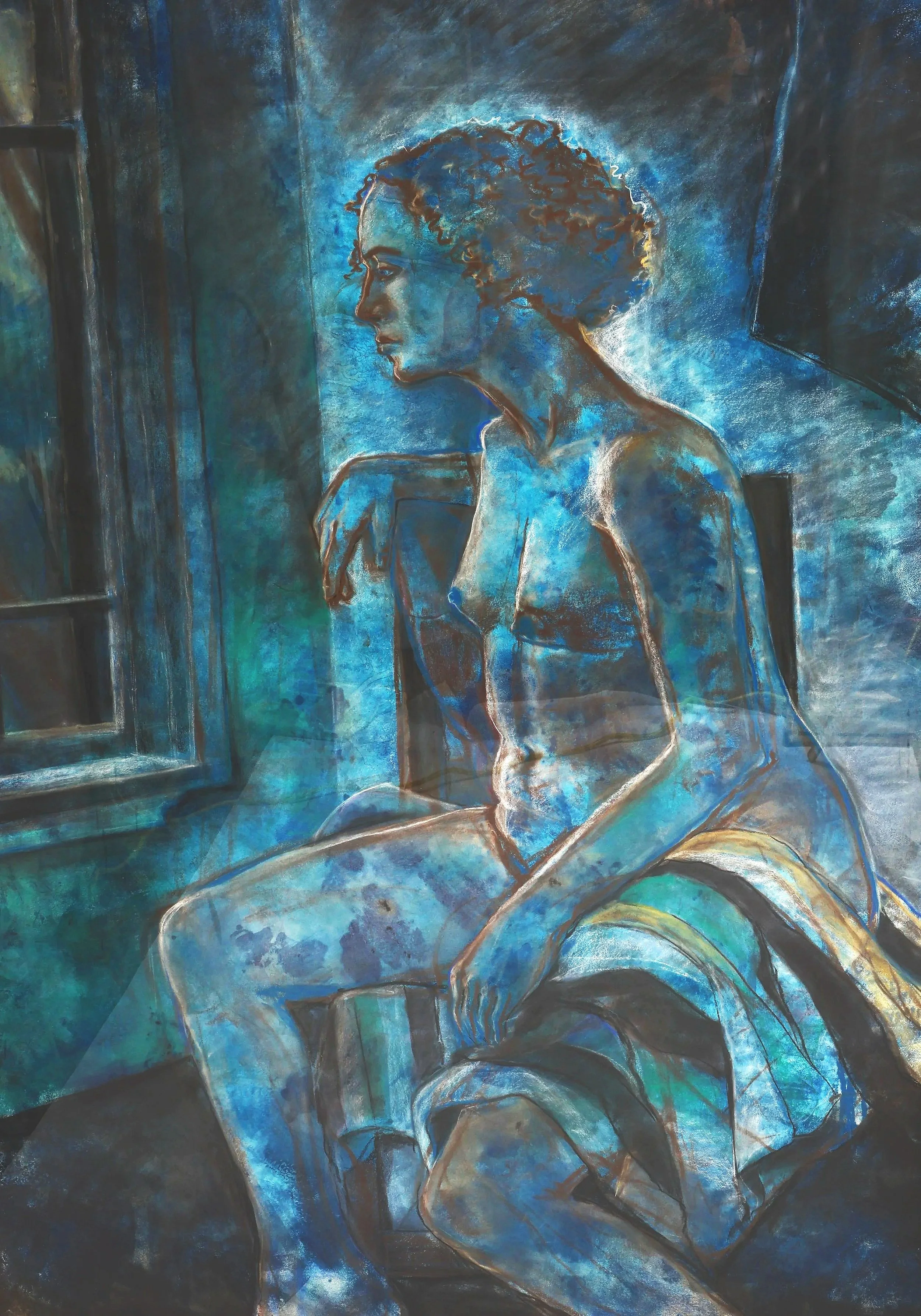 Blue Woman at window. Chalk pastel and ink mixed media painting.