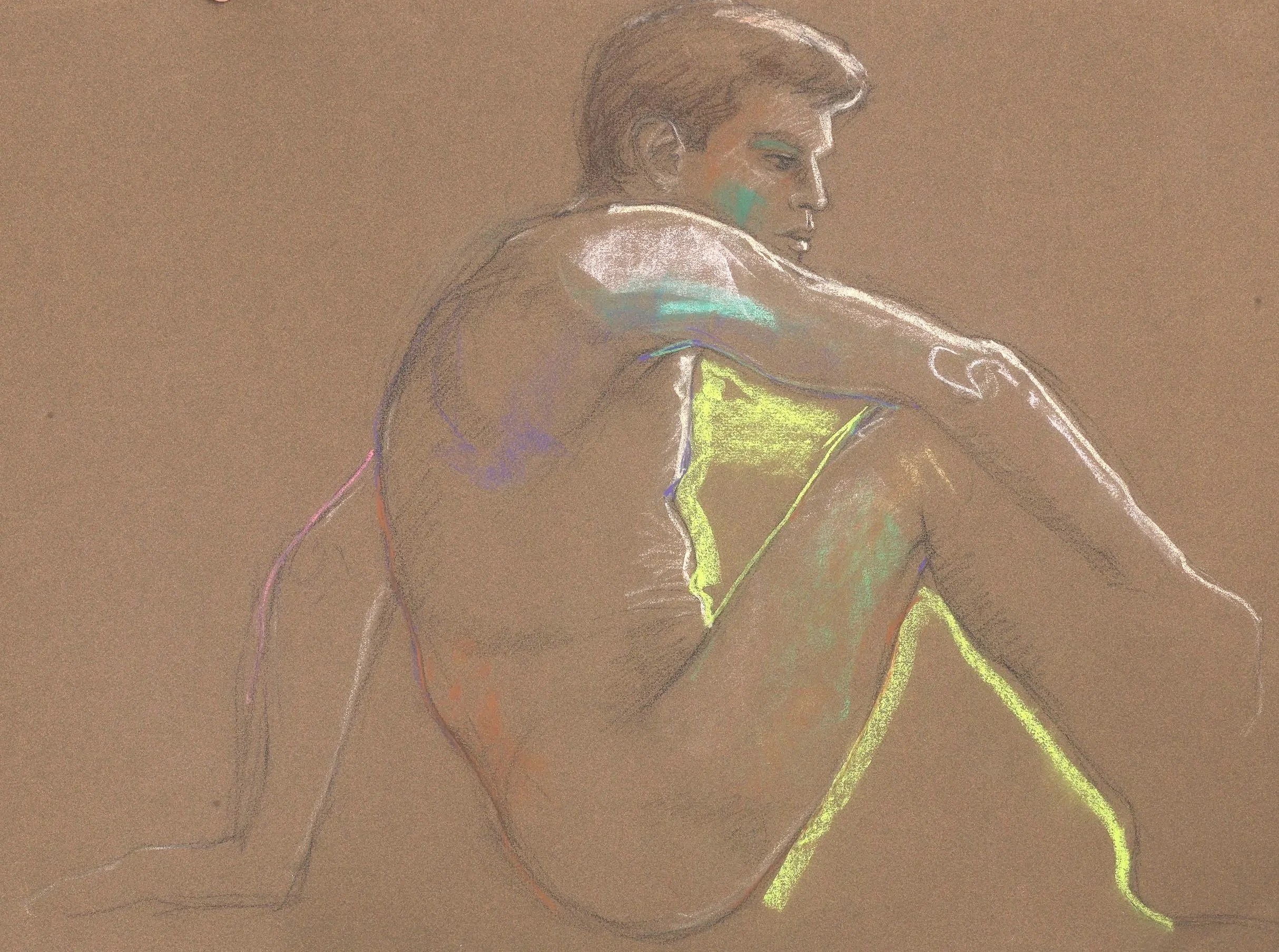 A colored sketch of a seated young man with short hair, viewed from the side, on a brown background.