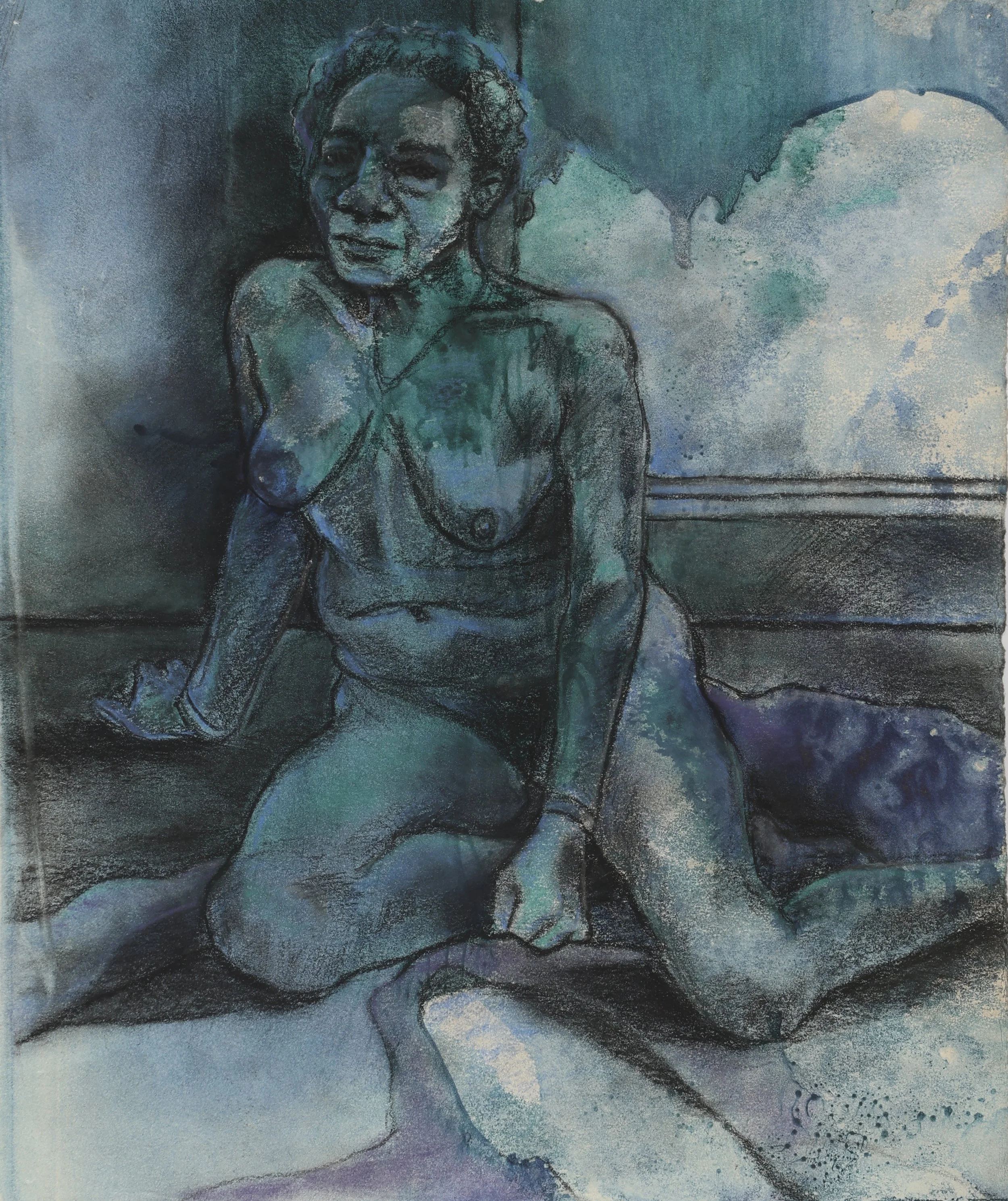 A sketch-style painting of a woman sitting on the floor, partially nude, with short hair, a necklace, and bracelets, against a textured background with shades of blue and green.