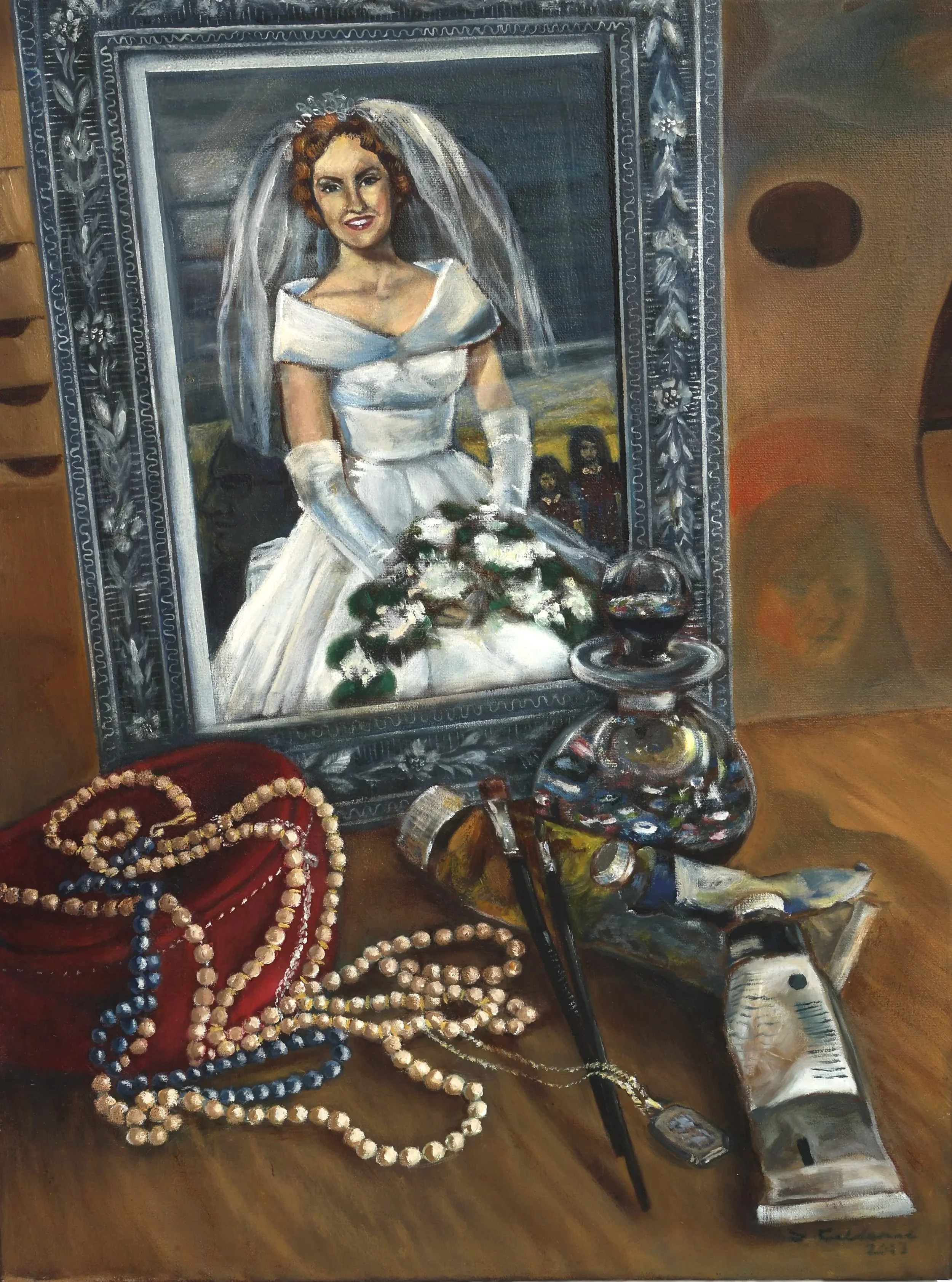 A painting of a woman in a wedding dress and veil, smiling, in front of a mirror with a carved frame. The scene includes ja pearl necklace, a red jewelry case, oil paint tubes and a  glass  perfume, bottle on a wooden surface.
