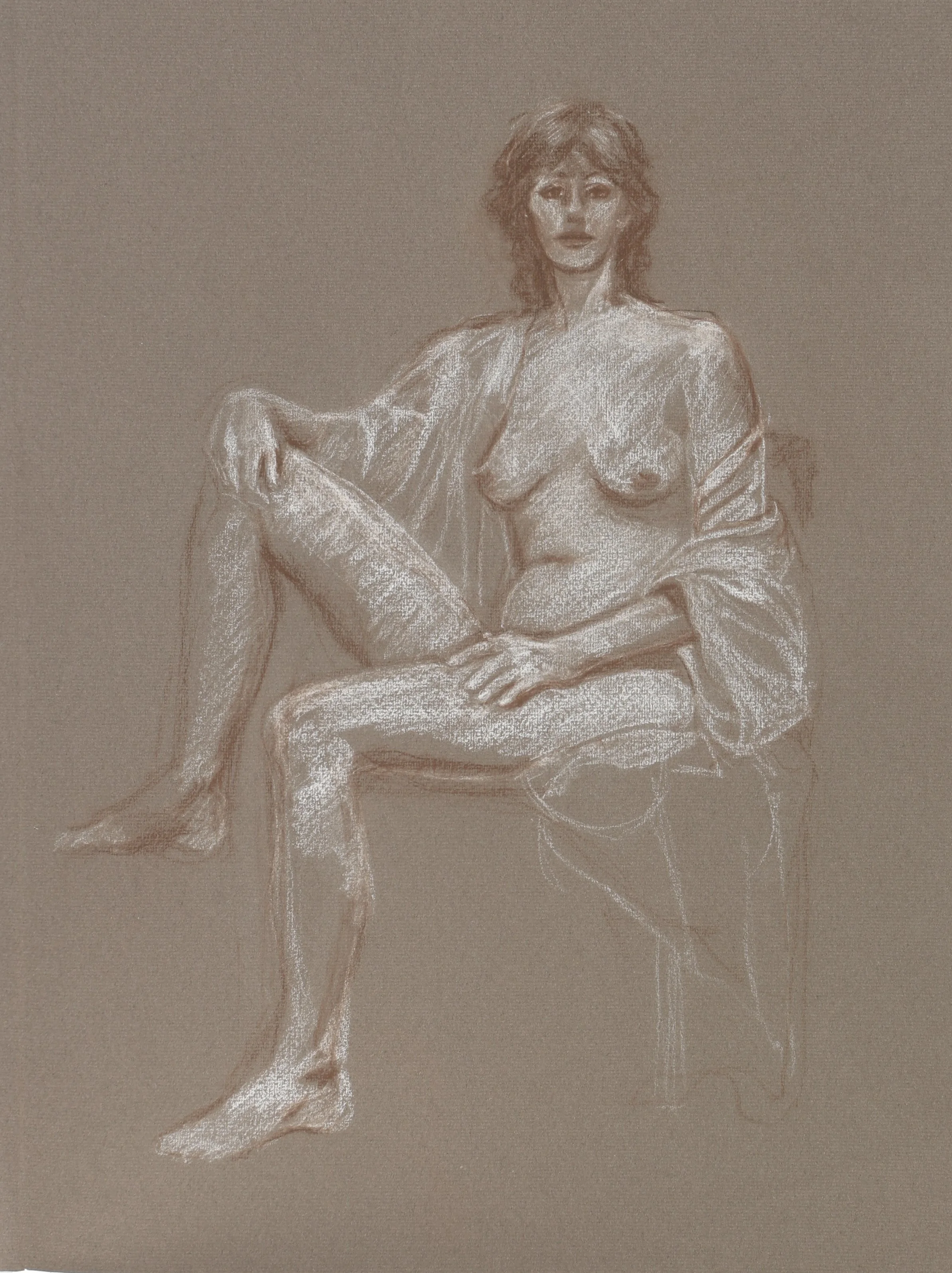A drawing of a seated, topless woman with short, wavy hair, wearing a partially open shirt, sitting on a chair with one leg crossed over the other.