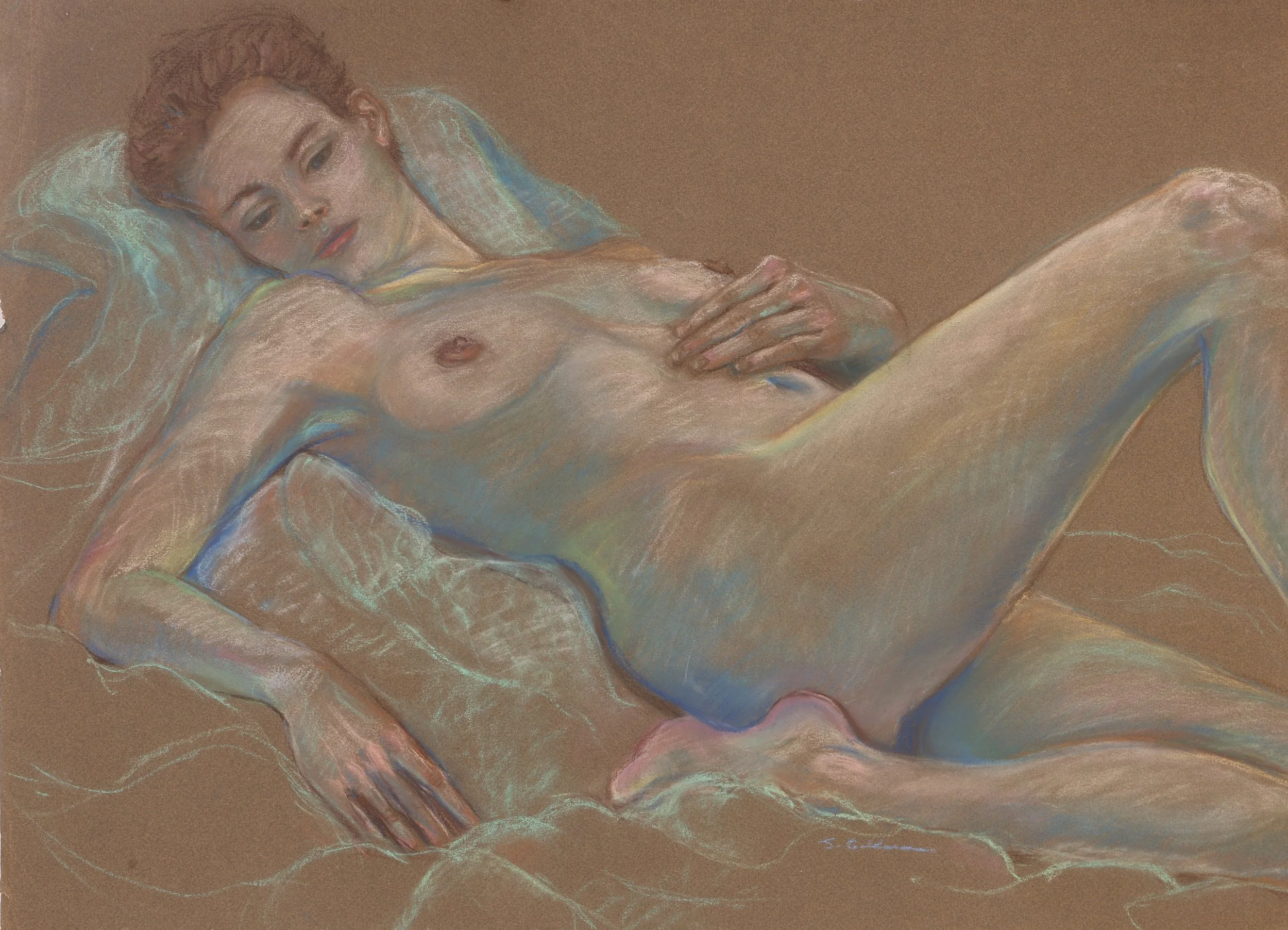 A realistic pastel drawing of a nude woman with red hair lying on a bed, resting her head on a pillow. She is gazing softly and has her hand on her chest, with her other arm stretched out beside her.