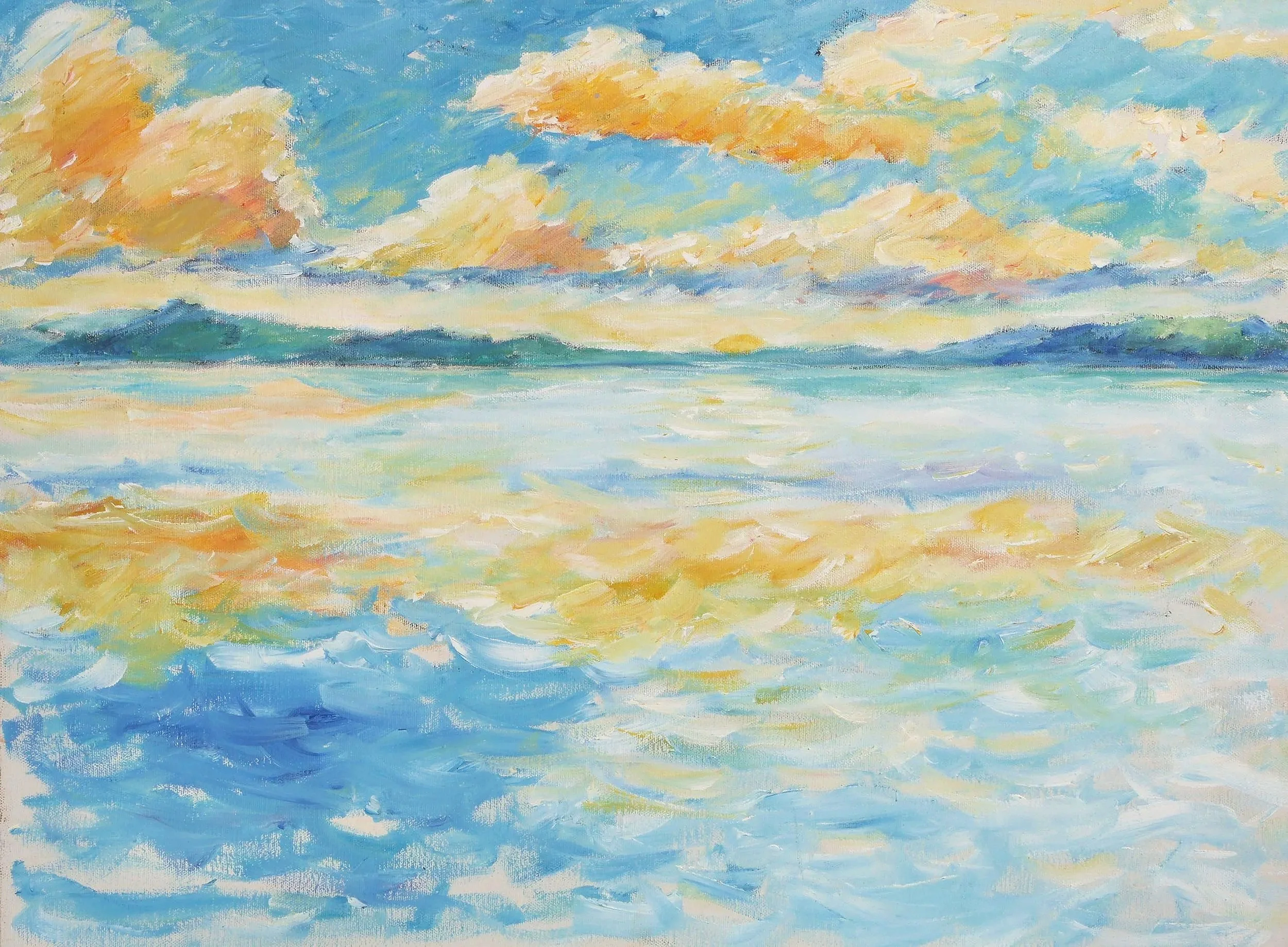 Acrylic painting of a colorful sunset over the Rice Lake with clouds in shades of orange, yellow, blue, and pink, and reflections on the water.