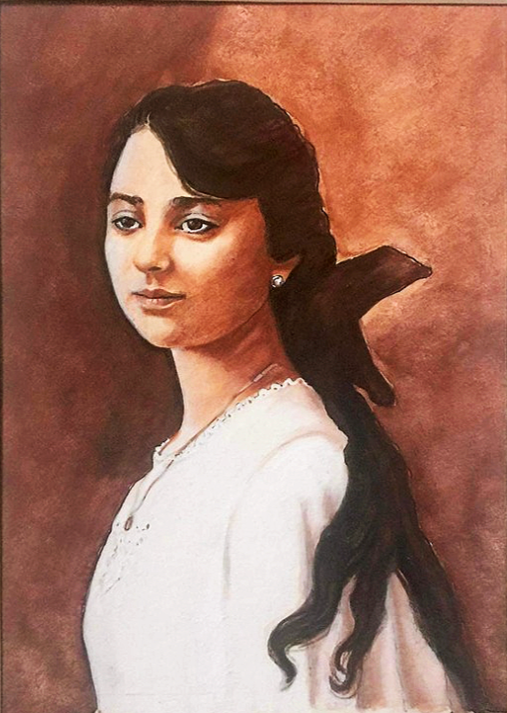 A painting of a young woman with long dark hair tied with a bow, wearing a white top, set against a brown background.