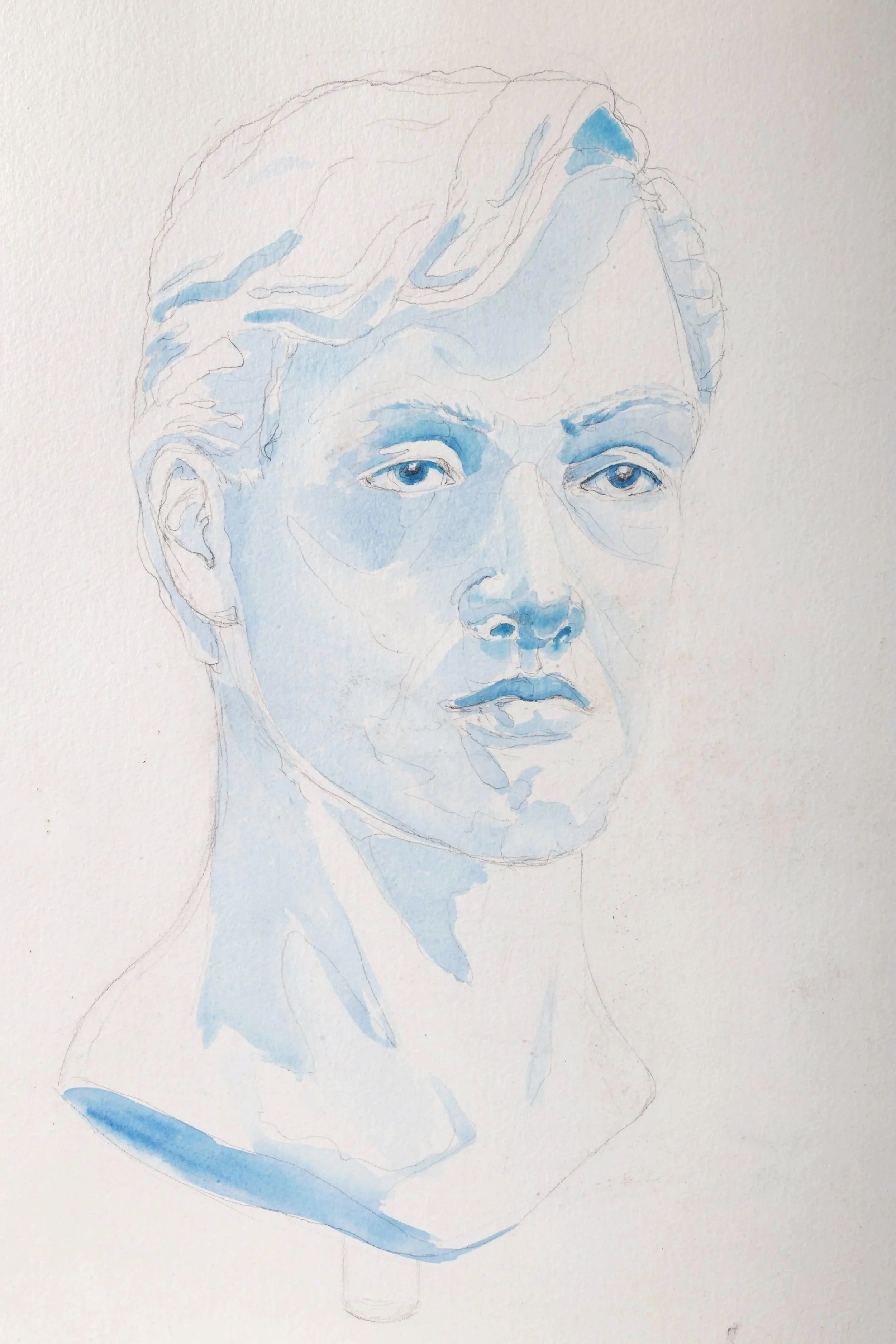 A watercolor sketch of a woman's face with light blue and gray tones, showing detailed facial features and a partial view of the shoulders on a white background.