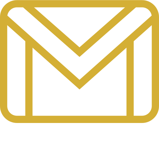 Outline of an email envelope icon in black with gold borders.