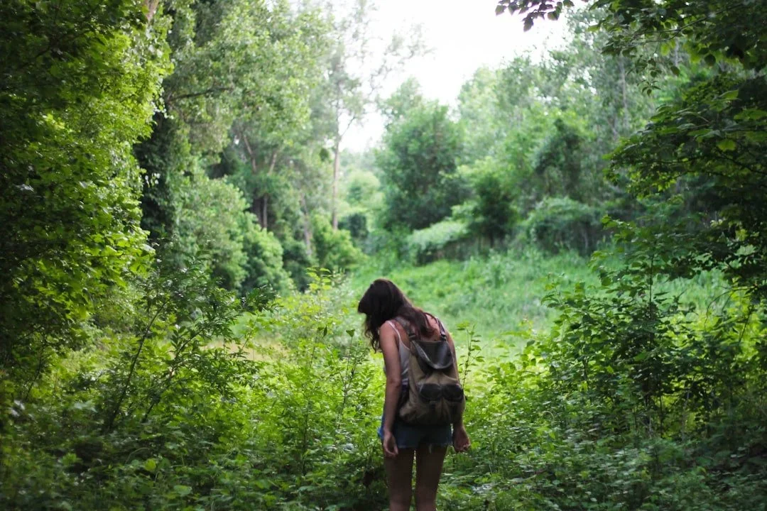 Person with a backpack walking through a lush green forest trail.